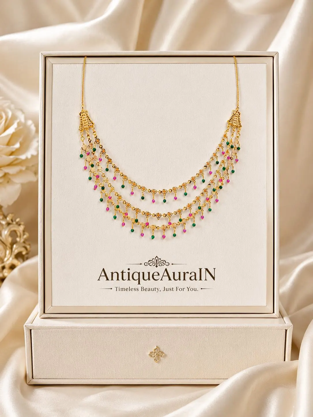 Gold Tone Layered Necklace, Pink Green Bead Dangling Charm, Traditional Indian Festive Jewelry - image 4