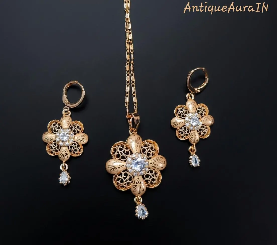 Antique Gold Tone Mesh Flower Jewelry Set | Victorian Inspired Filigree Necklace Set | Clear Stone Dangle Earrings | Romantic Gift for Her - image 3