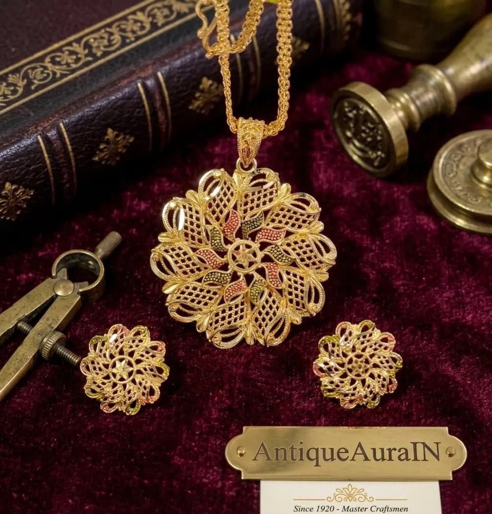 Gold Tone Filigree Mandala Necklace and Studs Set, Minakari Accent Pendant Earrings, Womens Necklace Set, Boho Floral Jewelry - image 5