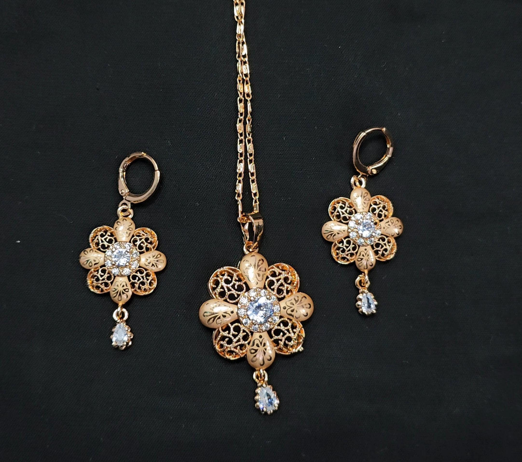 Antique Gold Tone Mesh Flower Jewelry Set | Victorian Inspired Filigree Necklace Set | Clear Stone Dangle Earrings | Romantic Gift for Her
