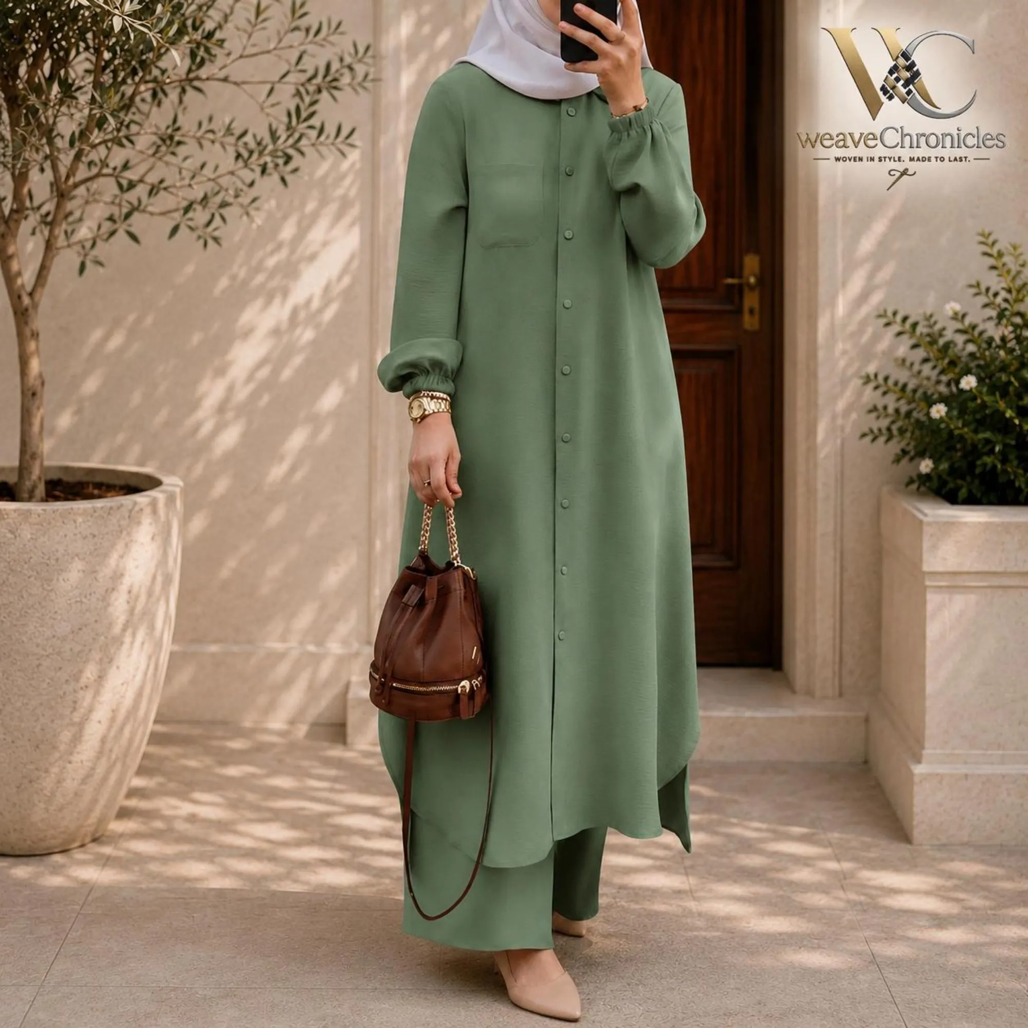 Modest Tunic Co Ord Set, Long Button Tunic & Wide Leg Palazzo Pants, Muslim Dress, Kaftan Style Outfit, Prayer dress - image 5