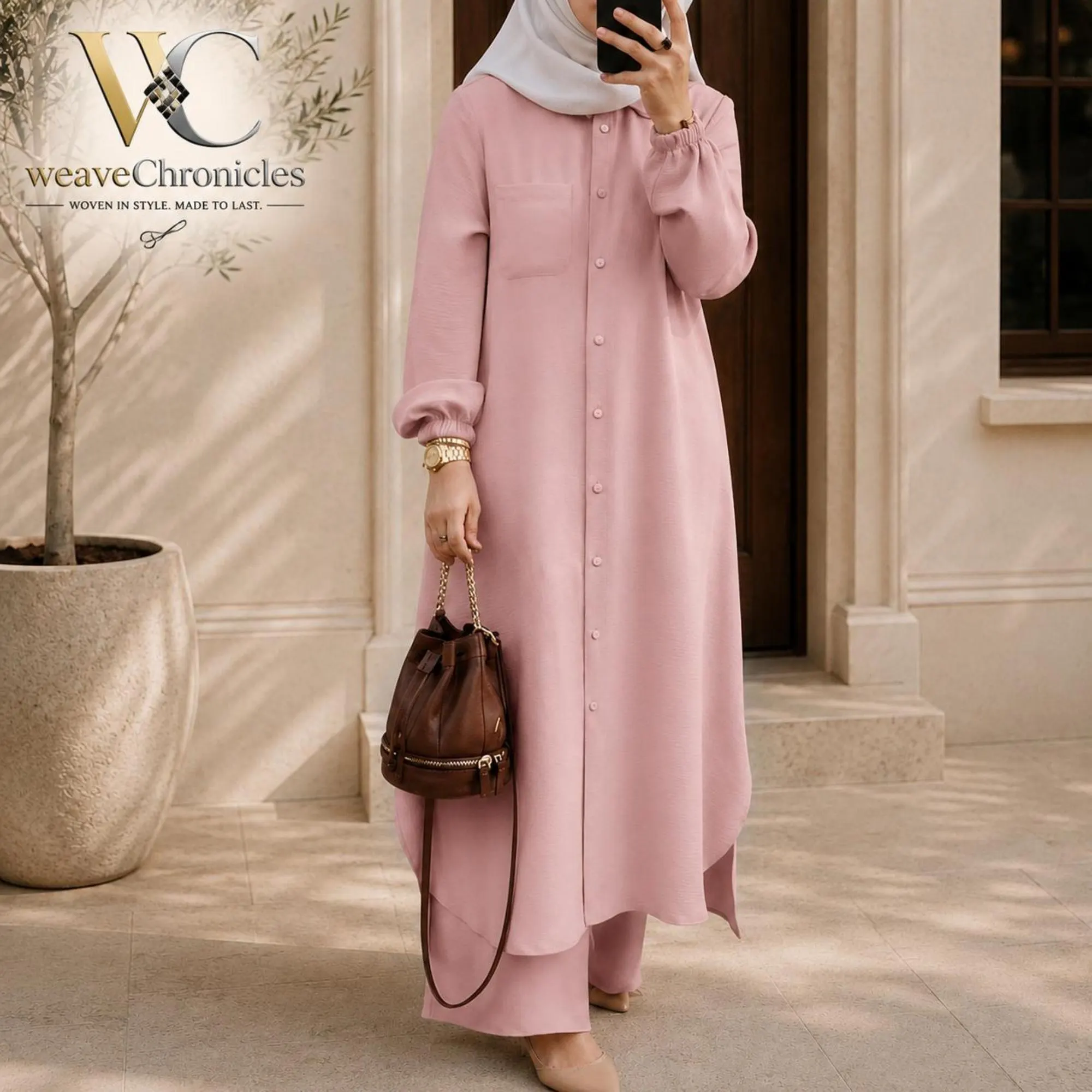 Modest Tunic Co Ord Set, Long Button Tunic & Wide Leg Palazzo Pants, Muslim Dress, Kaftan Style Outfit, Prayer dress