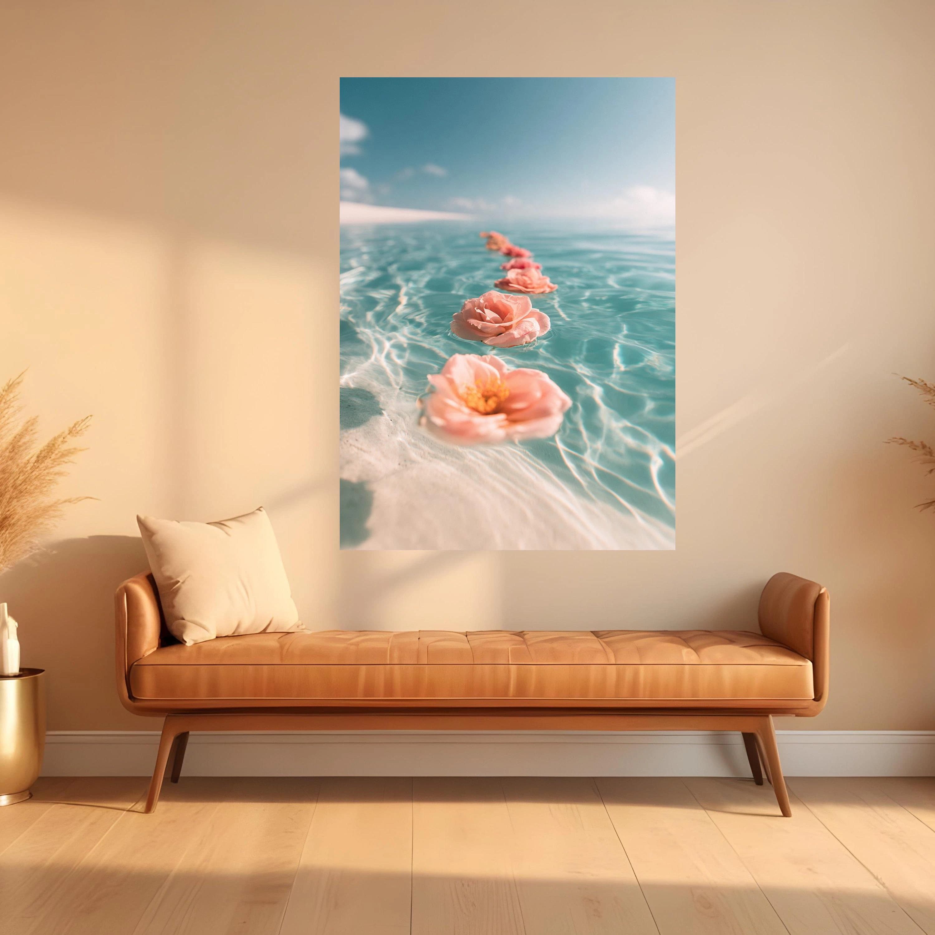 Floating Pink Roses Canvas, Serene Water Scene Wall Art, Floral Home Decoration, Calm Ocean View Canvas, Relaxing Nature Art Print - image 4