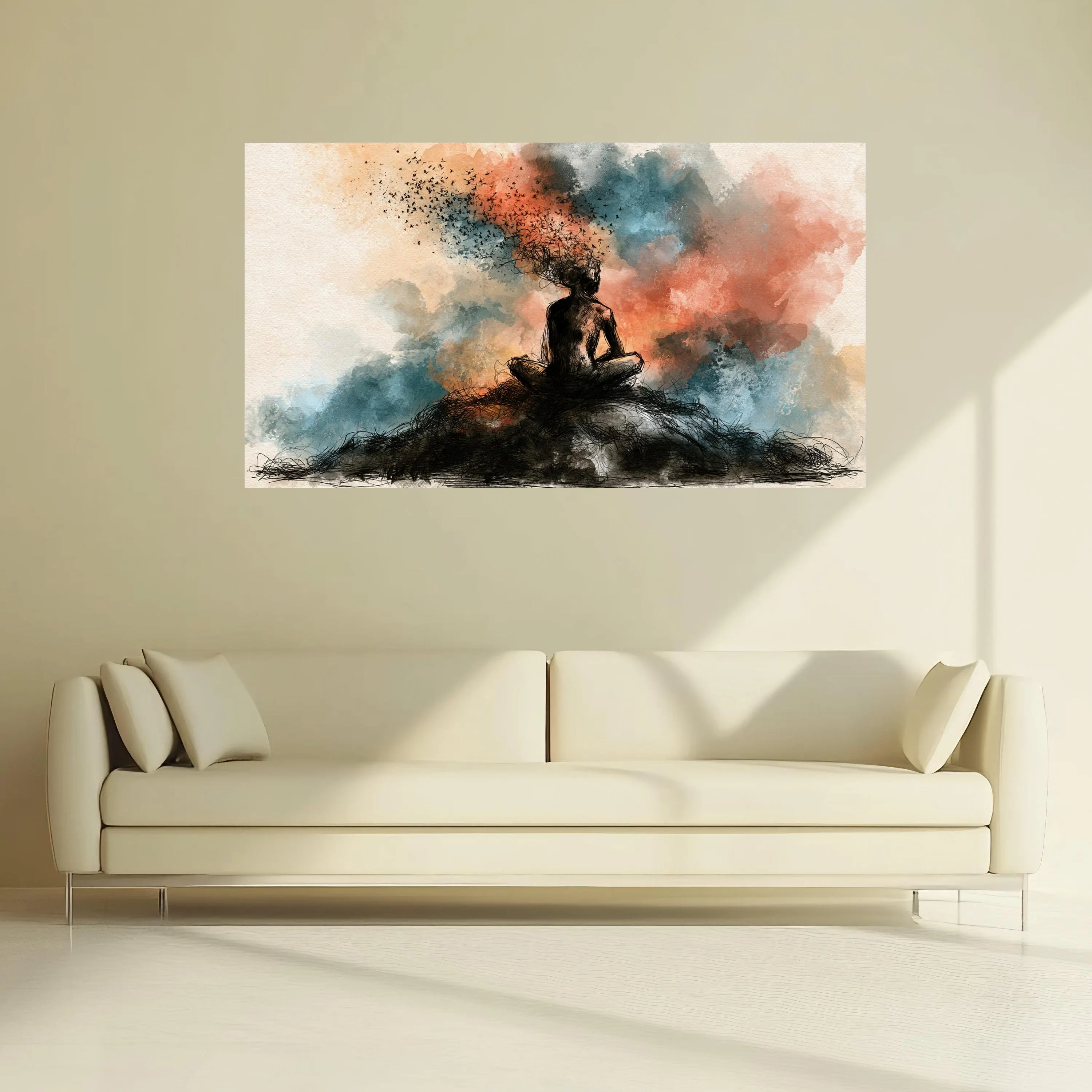 Abstract Meditative Figure Canvas, Mindfulness Wall Art, Surreal Human Silhouette, Colorful Smoke Background, Modern Canvas Decor - image 4