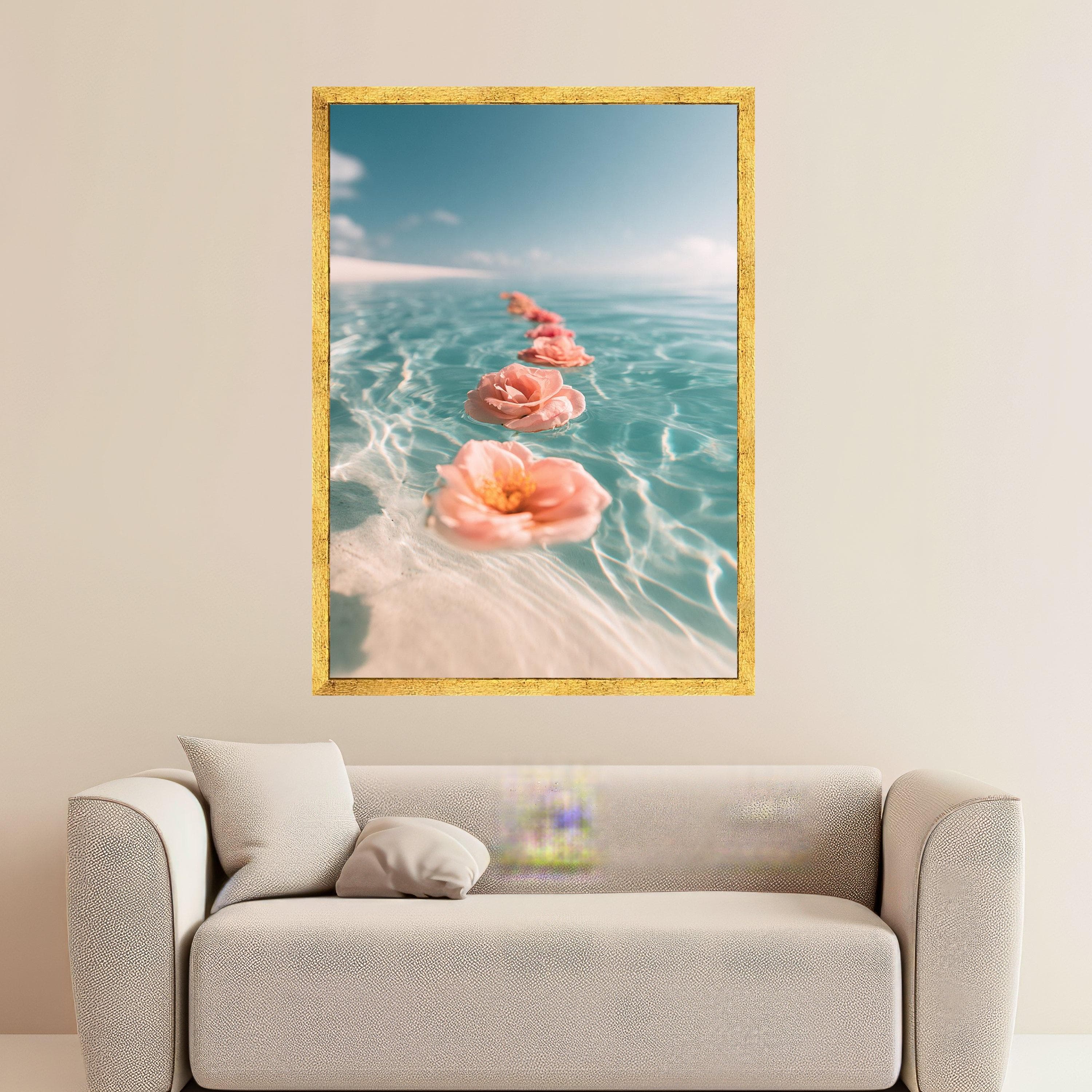 Floating Pink Roses Canvas, Serene Water Scene Wall Art, Floral Home Decoration, Calm Ocean View Canvas, Relaxing Nature Art Print - image 3