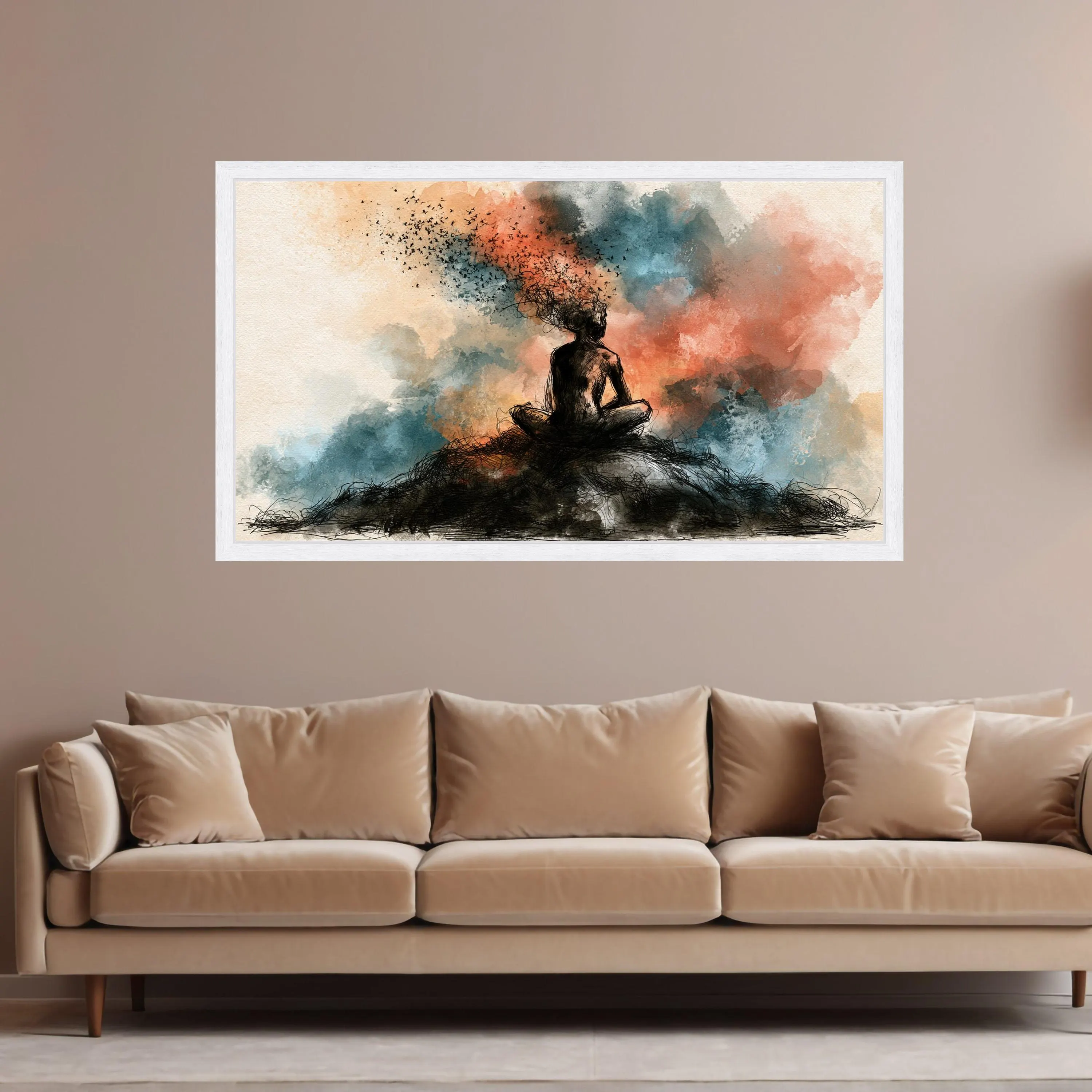Abstract Meditative Figure Canvas, Mindfulness Wall Art, Surreal Human Silhouette, Colorful Smoke Background, Modern Canvas Decor - image 3