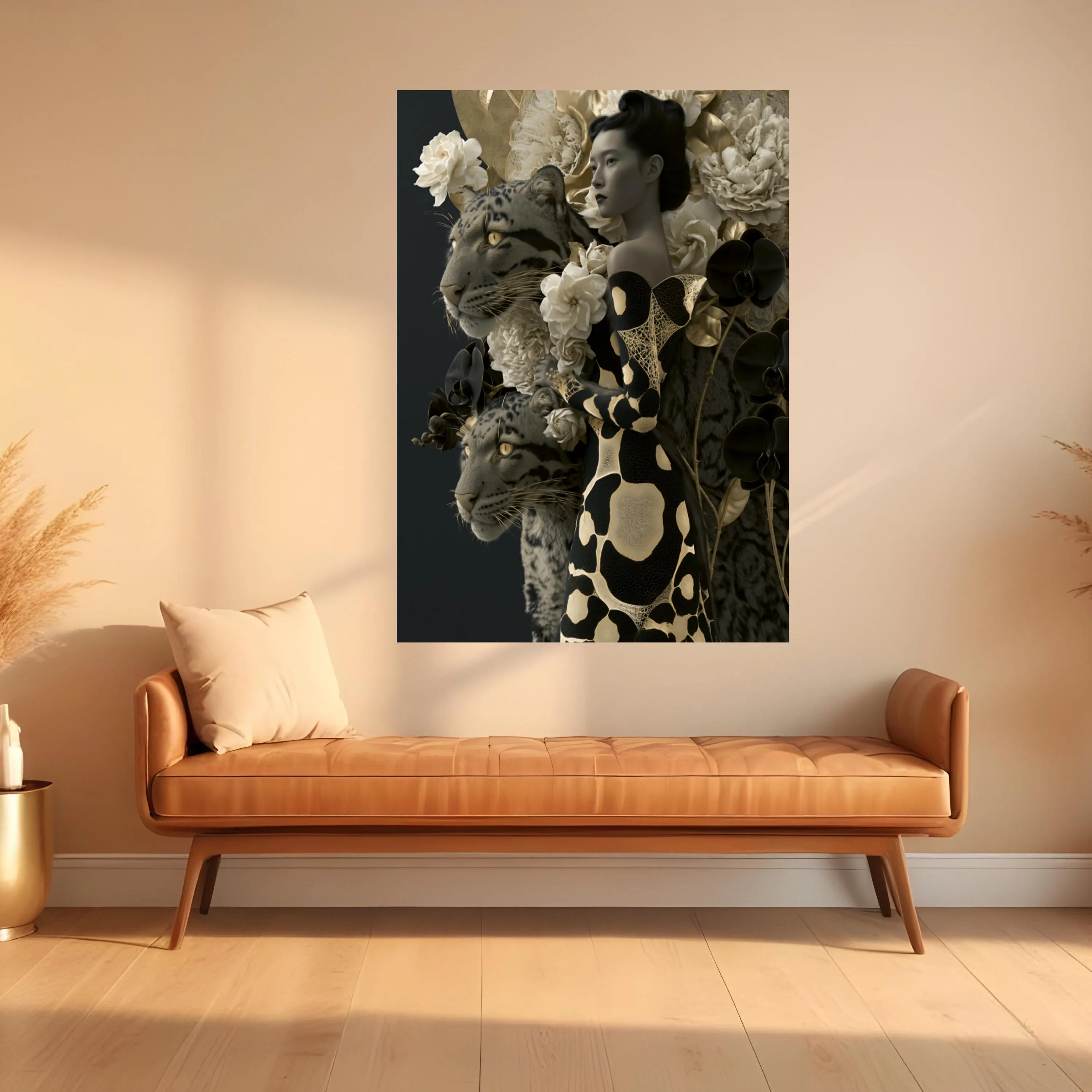 Elegant Woman with Leopard, Floral Canvas Wall Art, Exotic Animal and Botanical Canvas, Modern Home Decoration, Nature Design - image 4