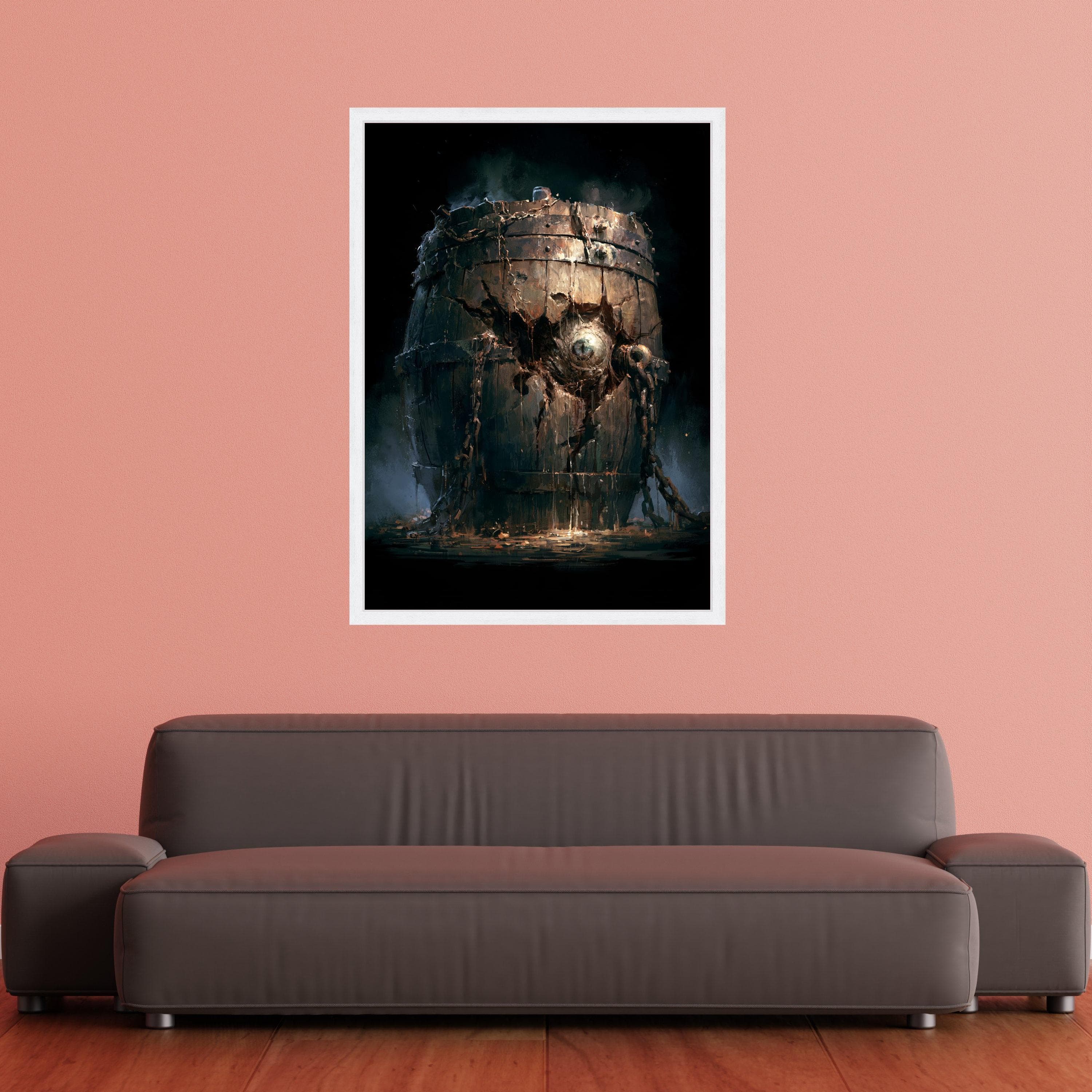 Mysterious Rusted Barrel, Dark Fantasy Canvas, Surreal Chest Wall Art, Haunted Container Decor, Dramatic Home Accent - image 5