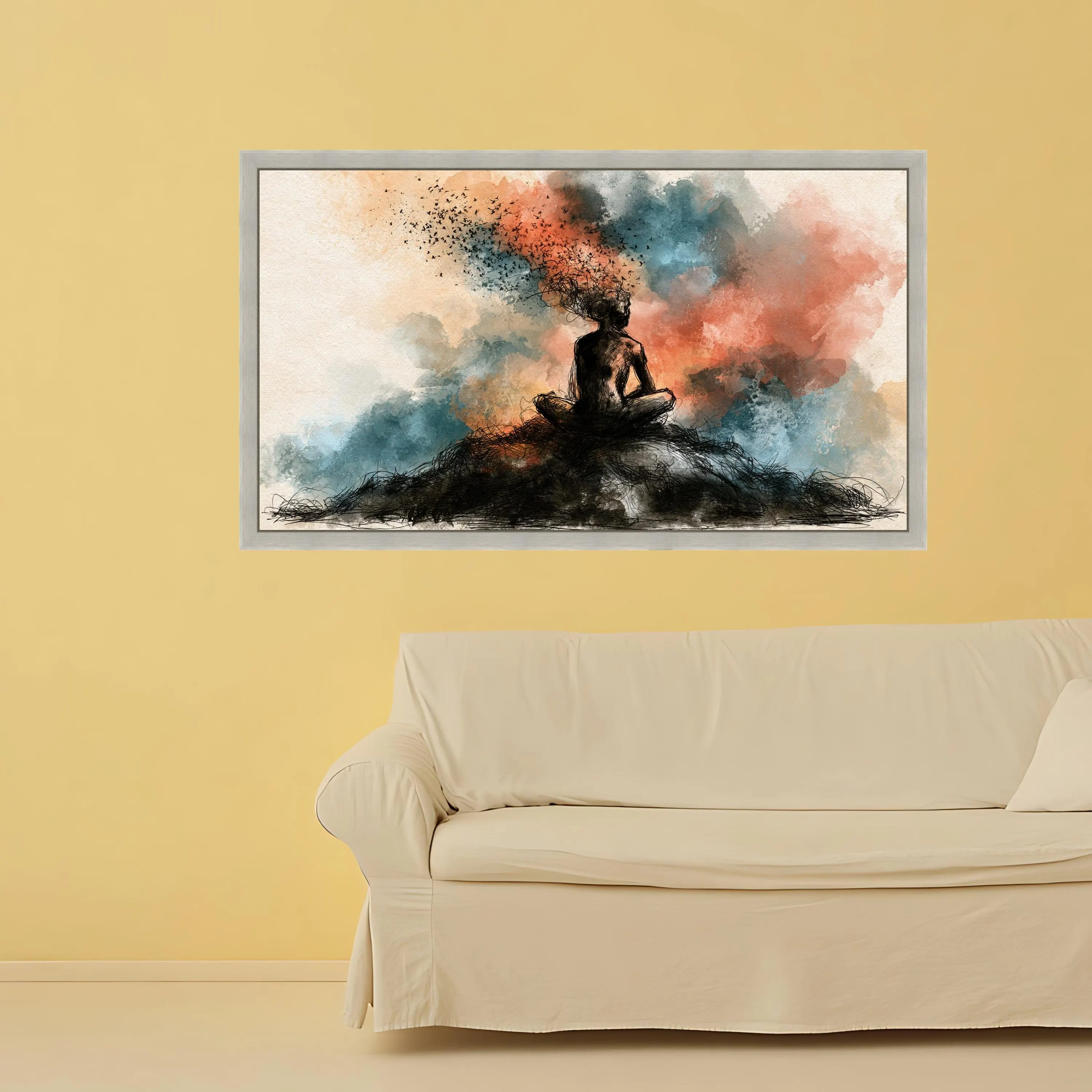 Abstract Meditative Figure Canvas, Mindfulness Wall Art, Surreal Human Silhouette, Colorful Smoke Background, Modern Canvas Decor - image 5