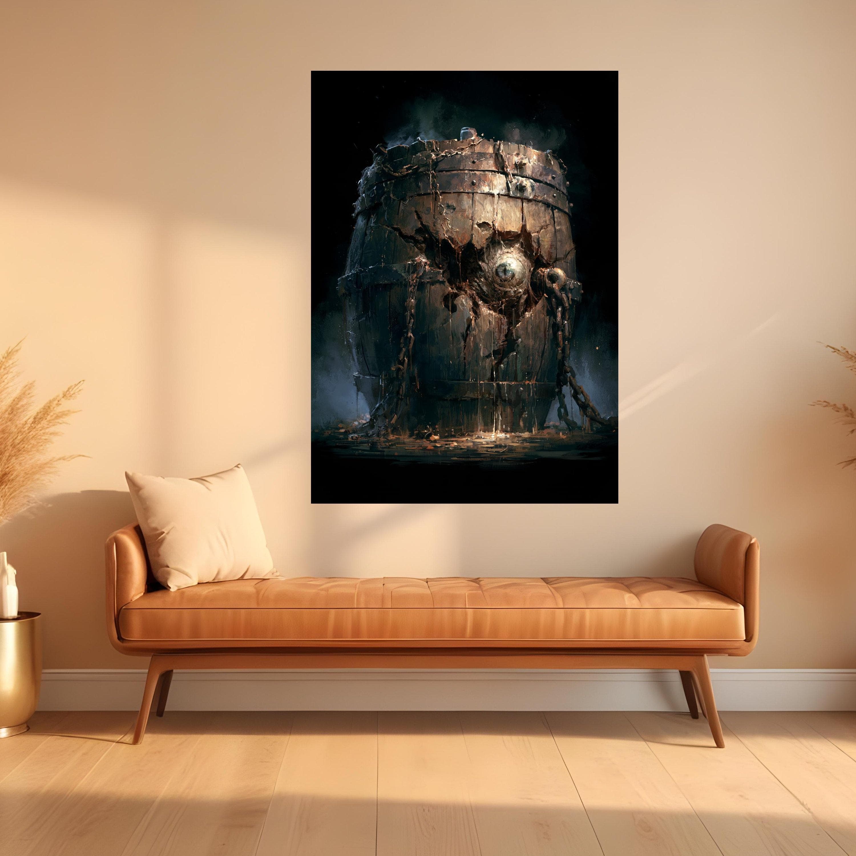 Mysterious Rusted Barrel, Dark Fantasy Canvas, Surreal Chest Wall Art, Haunted Container Decor, Dramatic Home Accent - image 4