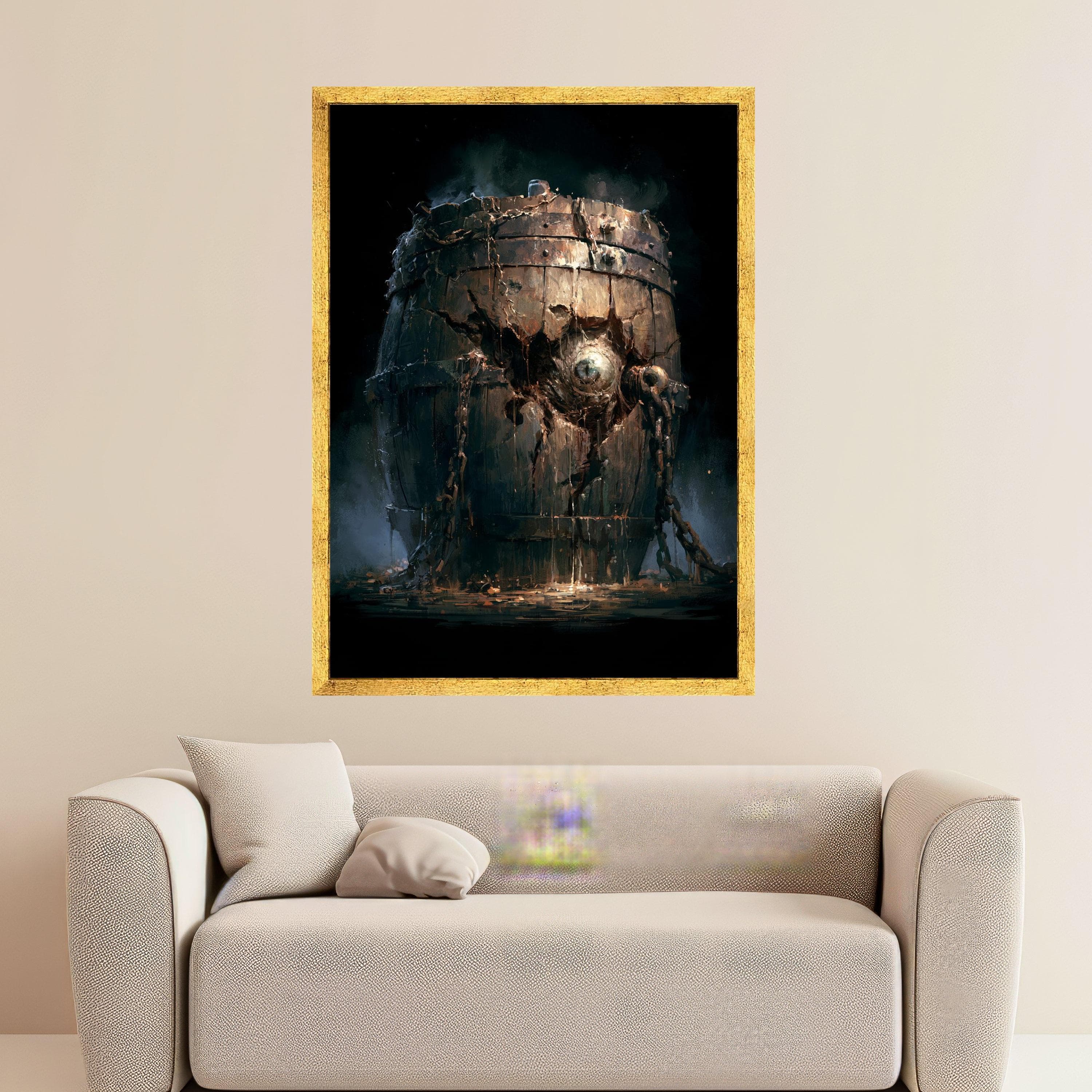 Mysterious Rusted Barrel, Dark Fantasy Canvas, Surreal Chest Wall Art, Haunted Container Decor, Dramatic Home Accent - image 3