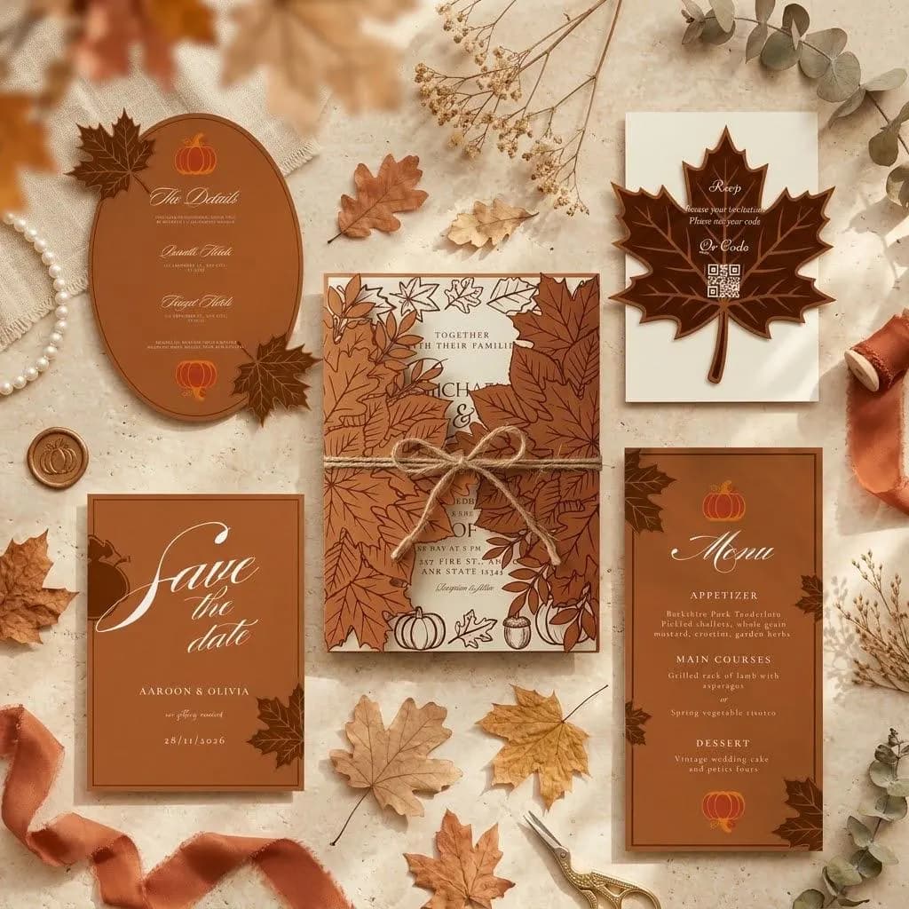 Autumn Leaf Gatefold Wedding Invitation Jacket SVG Bundle | 5 Pieces Template Set, Cricut Print Then Cut DIY Invitation Suite, 3 Sizes