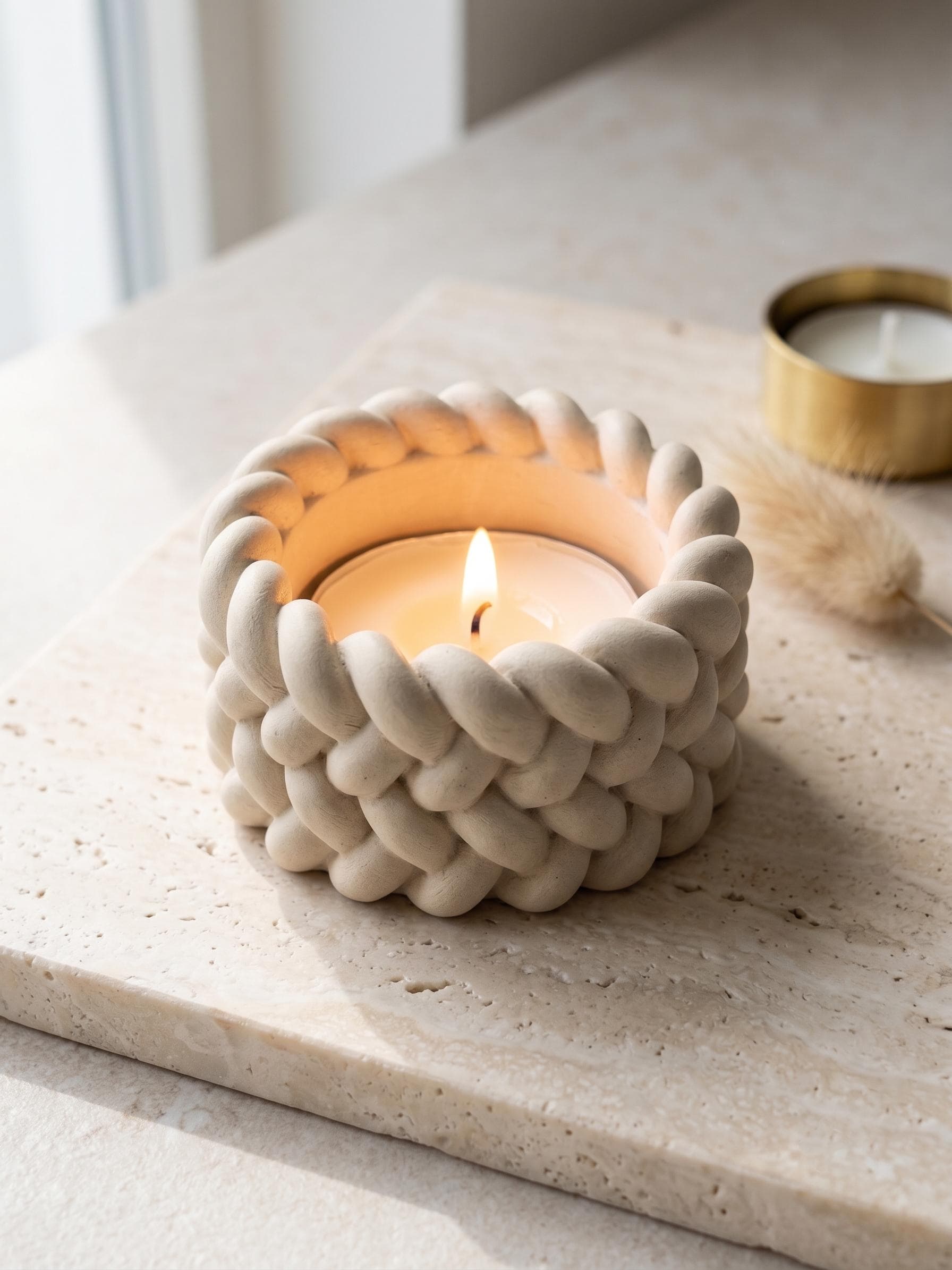 Personalised Jesmonite Knit Candle Holder, Modern Round Tea Light, Wedding Favour (Custom Name)