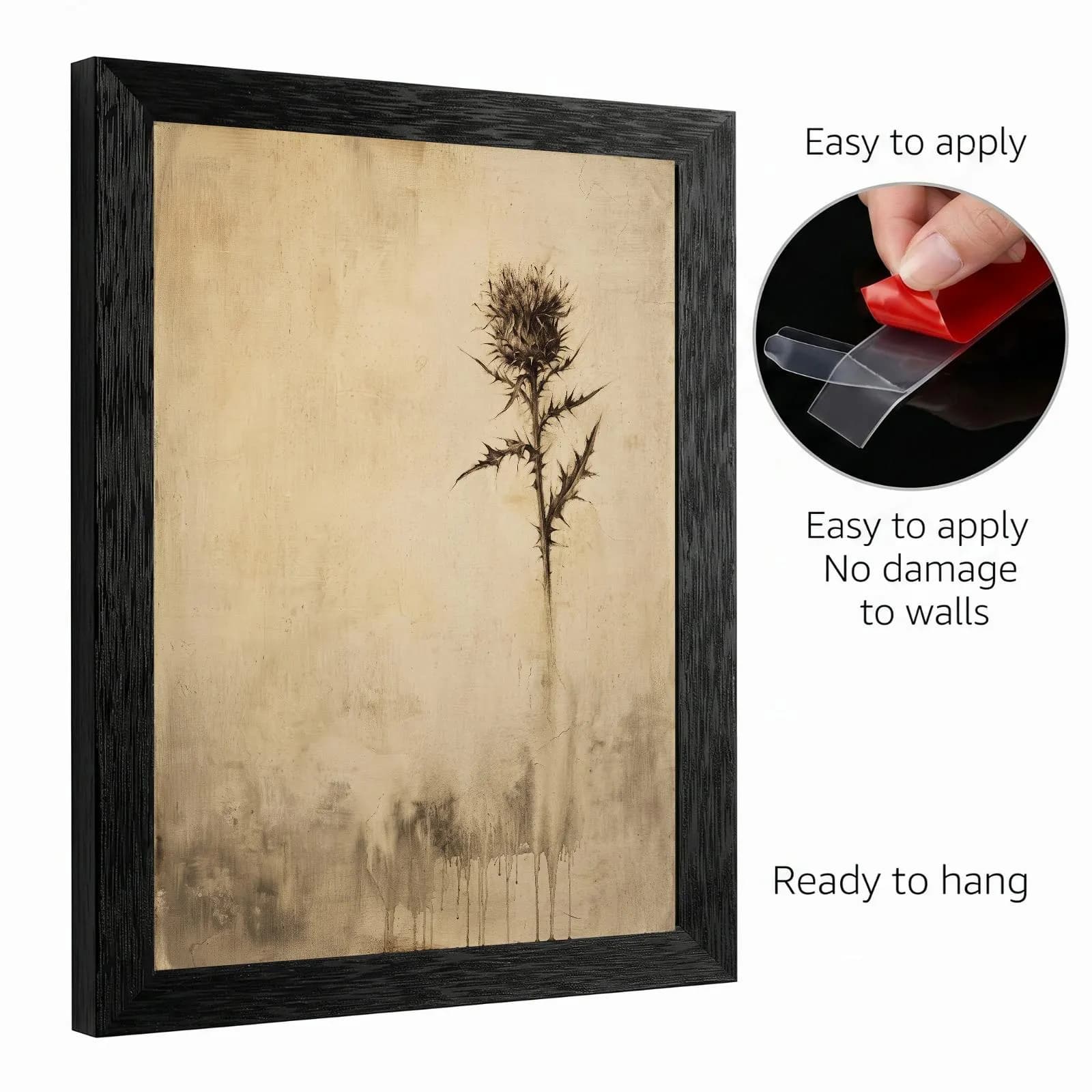 Vintage Botanical Thistle Canvas Print, Sepia Aged Textured Art, Black Frame Rustic Decor - image 3
