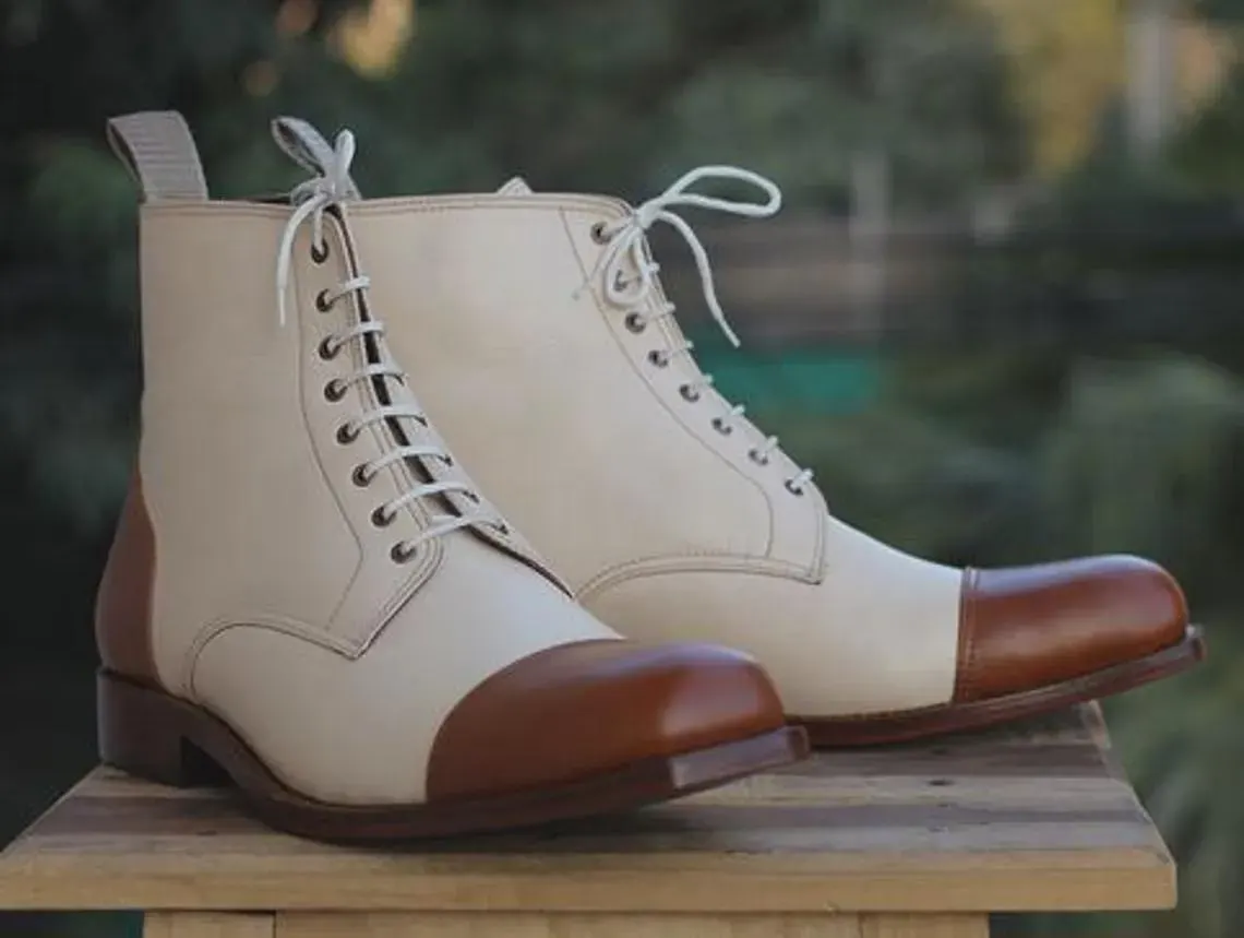 Men's Handmade Two-Tone Leather Cap Toe Boots | Lace-Up Ankle Dress Footwear - image 5