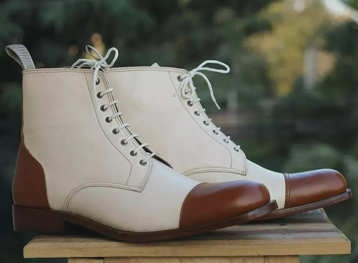 Men's Handmade Two-Tone Leather Cap Toe Boots | Lace-Up Ankle Dress Footwear - image 4