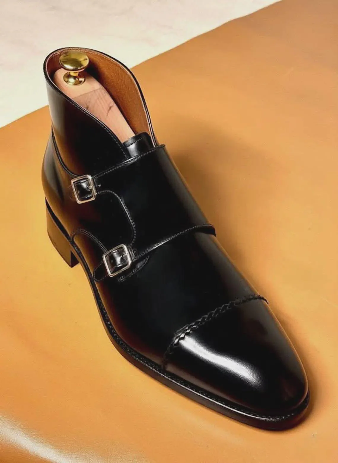 Men's Handmade Black Leather Double Monk Strap Ankle Boots – Cap Toe Dress Boots – Luxury Formal Wedding Leather Footwear