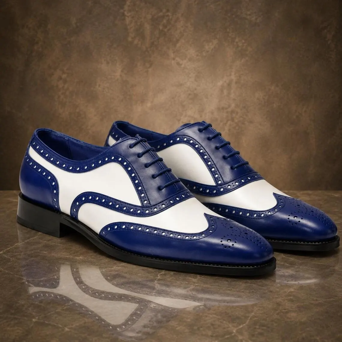 Men's Blue White Spectator Oxford Shoes – Handmade Leather Wingtip Brogue Dress Shoes – Two Tone Formal Wedding Custom Footwear