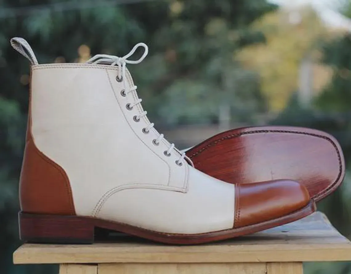 Men's Handmade Two-Tone Leather Cap Toe Boots | Lace-Up Ankle Dress Footwear