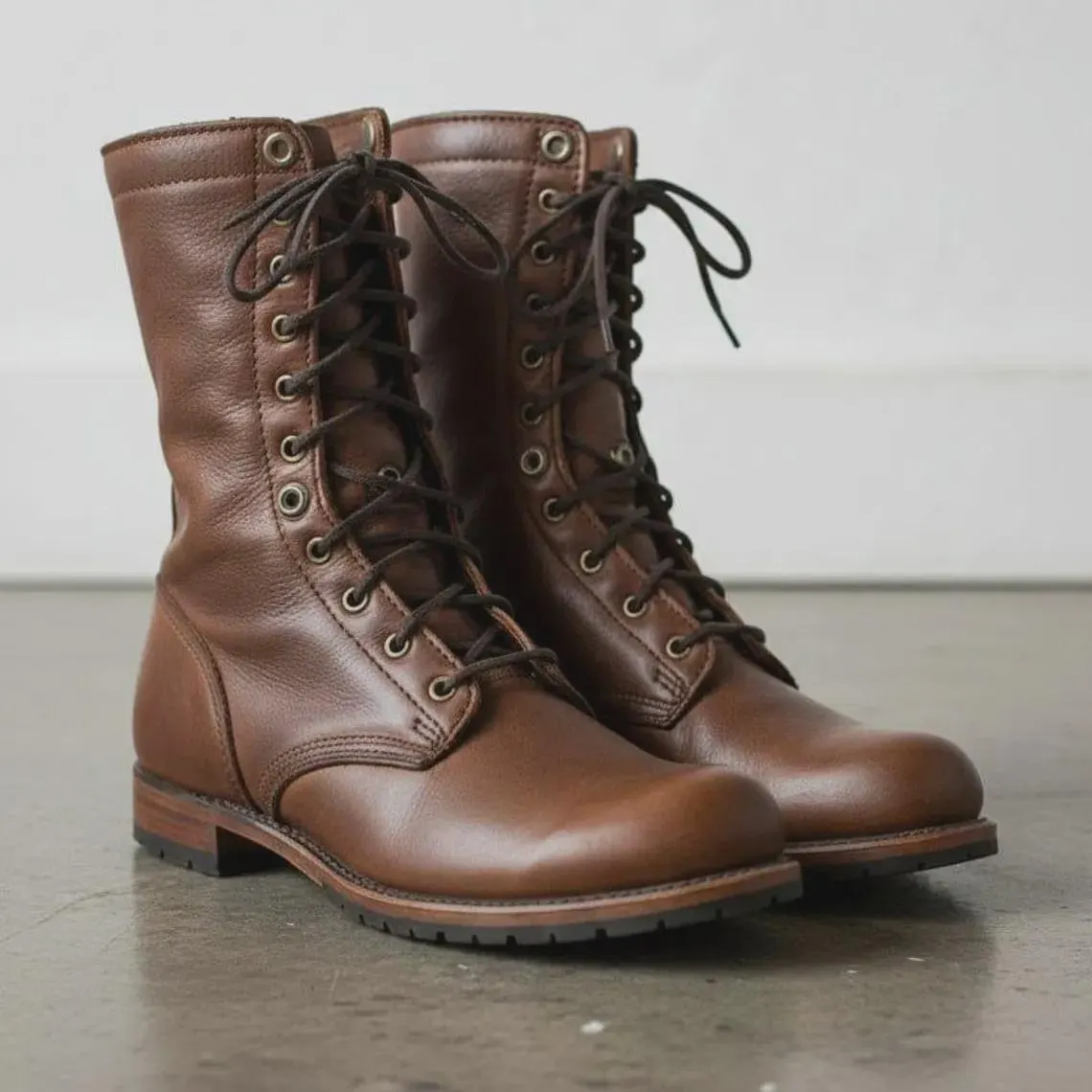 Handmade Brown Leather Combat Boots for Men – Genuine Leather Lace-Up Military Ankle Boots – Plain Toe Tactical Work Boots - image 4