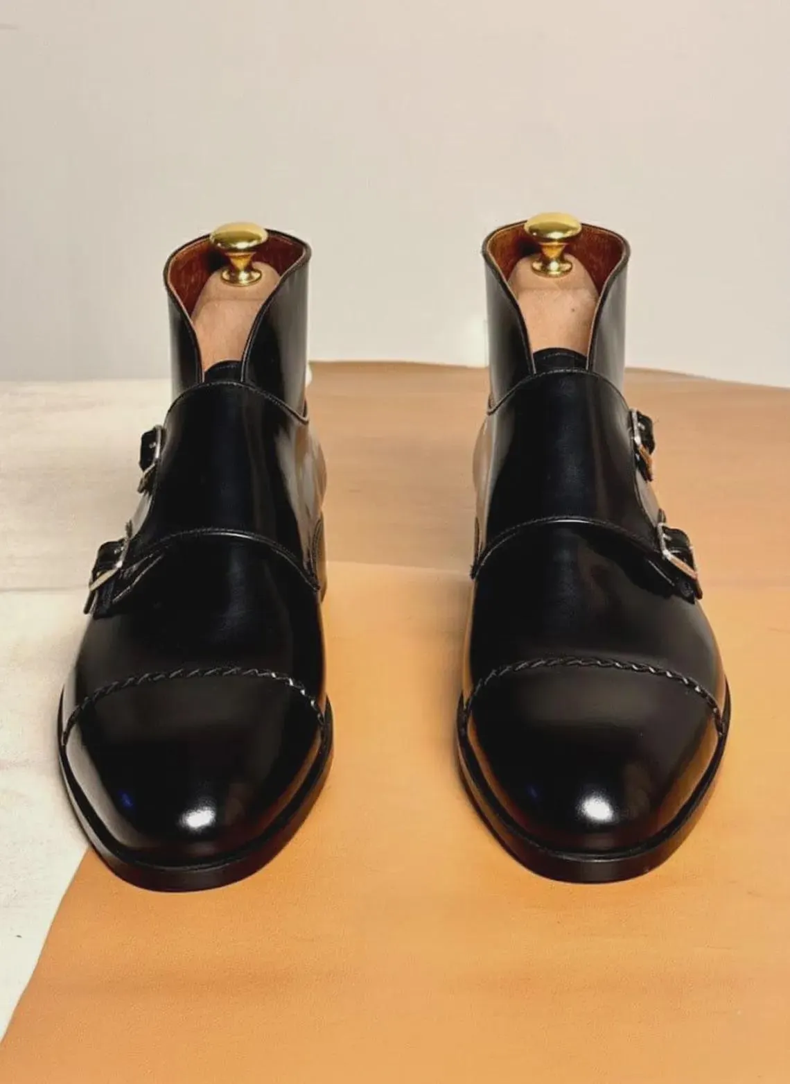 Men's Handmade Black Leather Double Monk Strap Ankle Boots – Cap Toe Dress Boots – Luxury Formal Wedding Leather Footwear - image 3