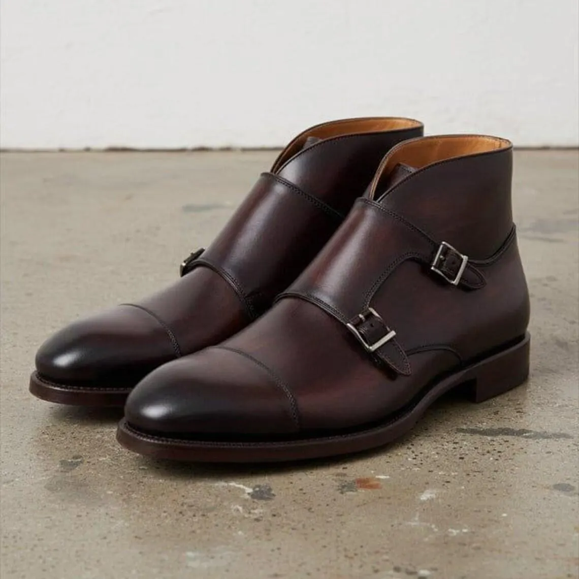 Handmade Brown Leather Double Monk Strap Ankle Boots for Men – Genuine Leather Cap Toe Dress Boots – Luxury Buckle Custom Footwear