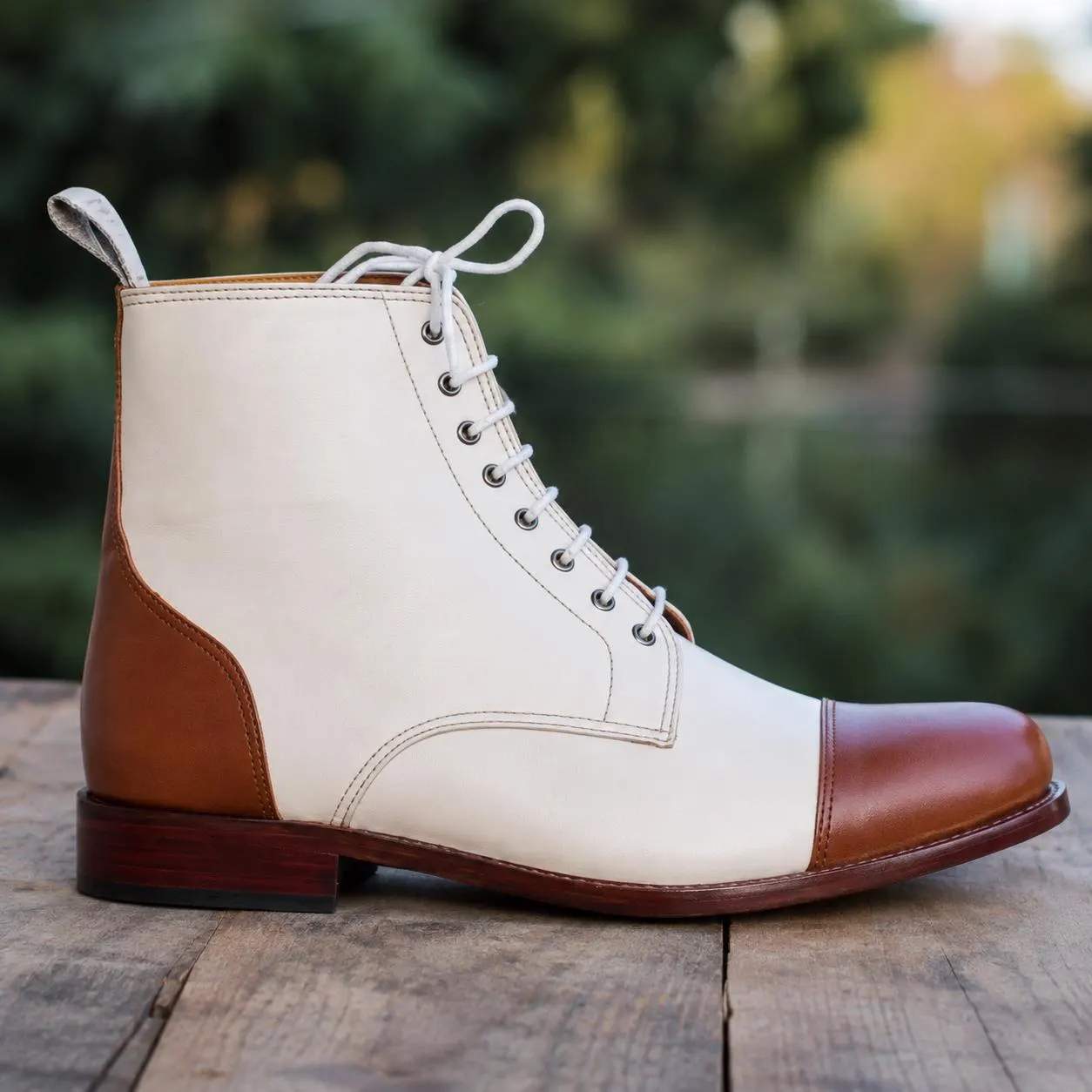 Men's Handmade Two-Tone Leather Cap Toe Boots | Lace-Up Ankle Dress Footwear - image 3