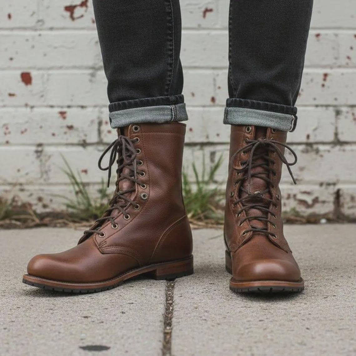 Handmade Brown Leather Combat Boots for Men – Genuine Leather Lace-Up Military Ankle Boots – Plain Toe Tactical Work Boots