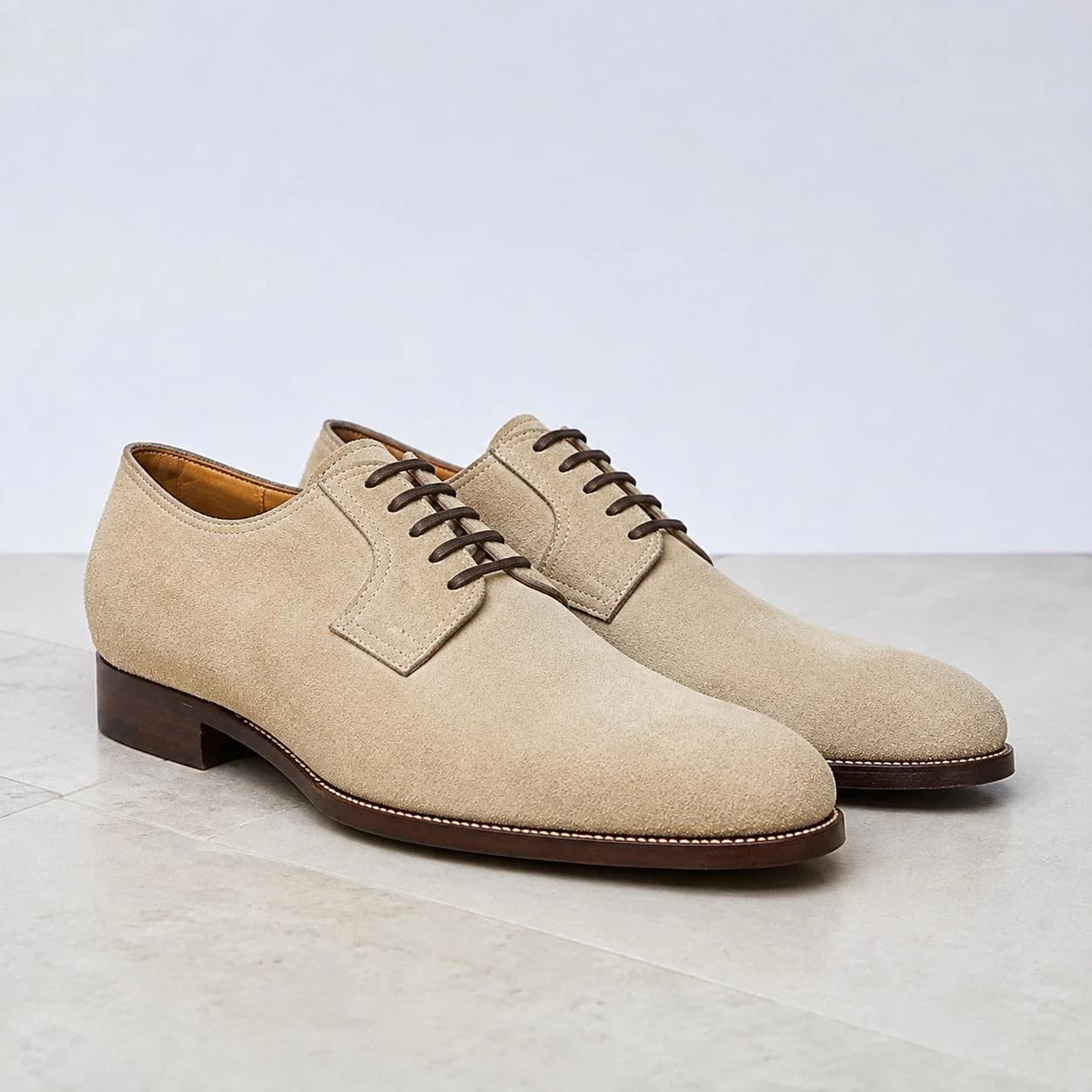 Men's Beige Suede Derby Shoes | Handmade Leather Plain Toe Dress Shoes | Luxury Formal Wedding Footwear | Casual Office Shoes