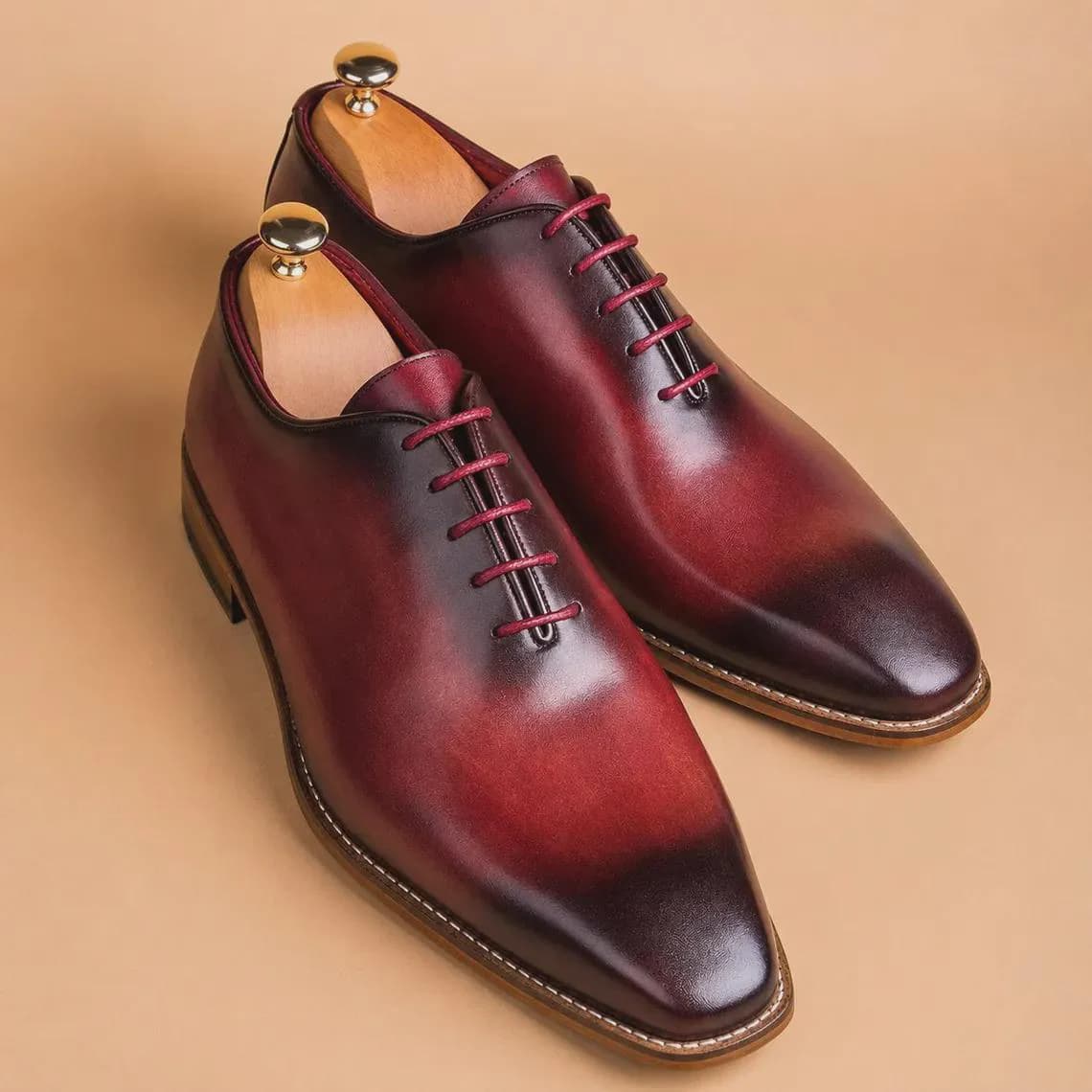 Men’s Burgundy Leather Dress Shoes, Handmade Patina Calfskin Oxford Shoes, Luxury Formal Wedding Shoes, Classic Lace Up Footwear
