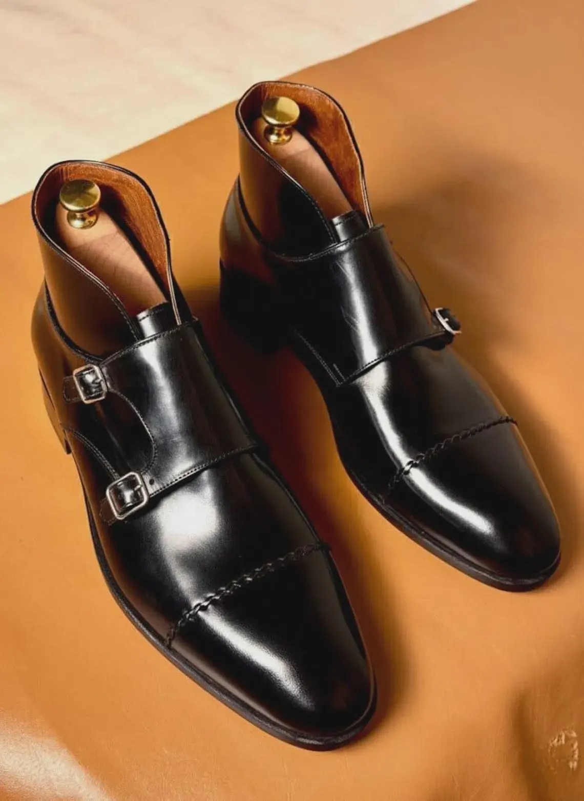 Men's Handmade Black Leather Double Monk Strap Ankle Boots – Cap Toe Dress Boots – Luxury Formal Wedding Leather Footwear - image 4