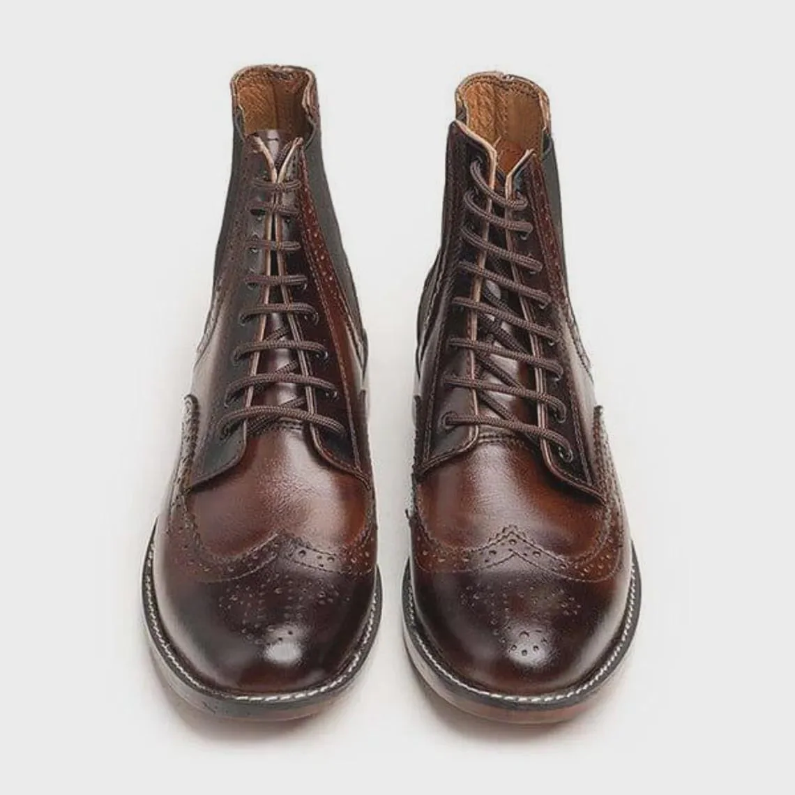 Men's Handmade Brown Leather Wingtip Chelsea Boots – Genuine Leather Lace-Up Dress Boots – Brogue Ankle Boots Custom Footwear