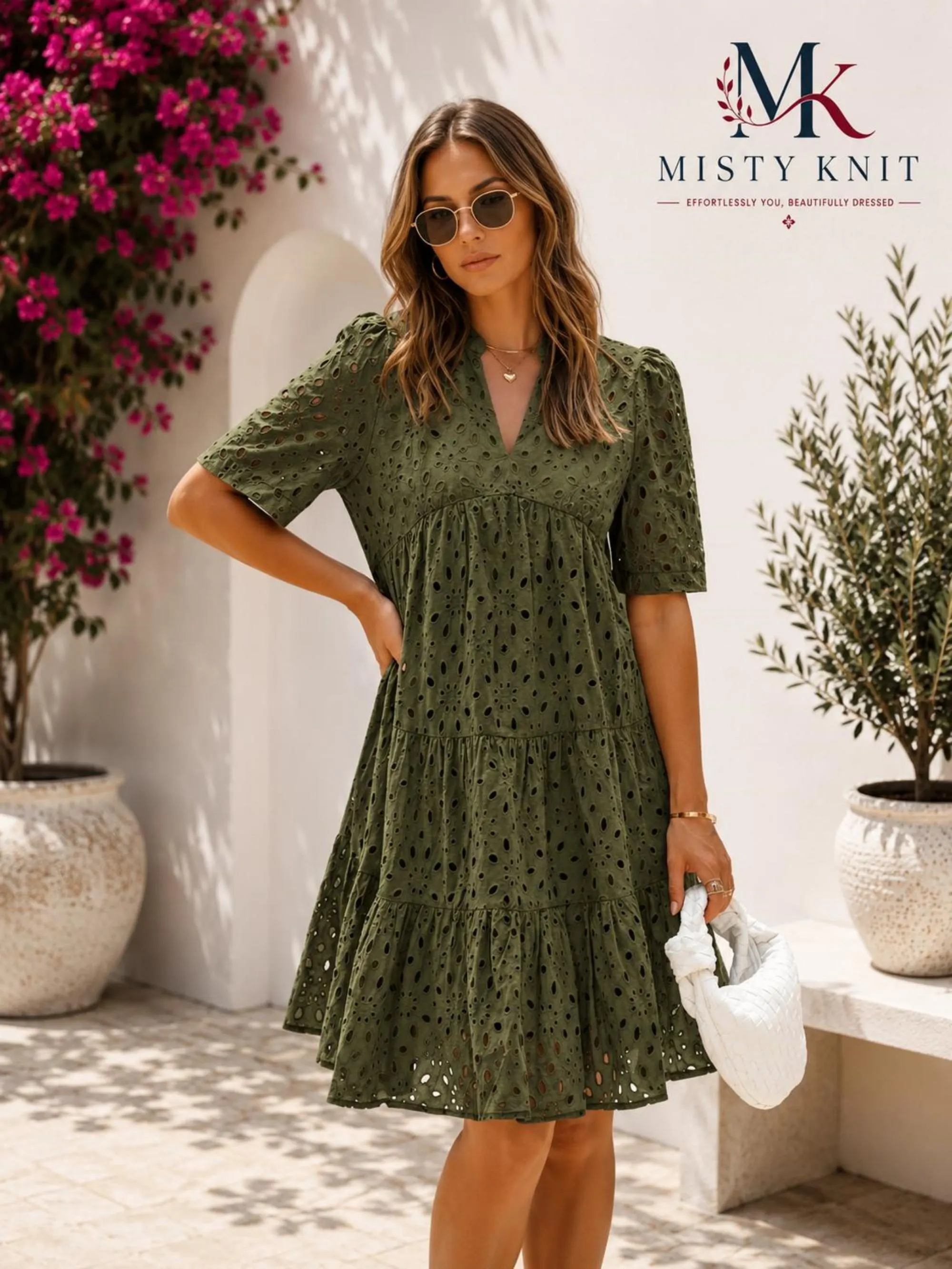 Eyelet Lace Tiered Mini Dress, Boho V-Neck Summer Sundress - image 4