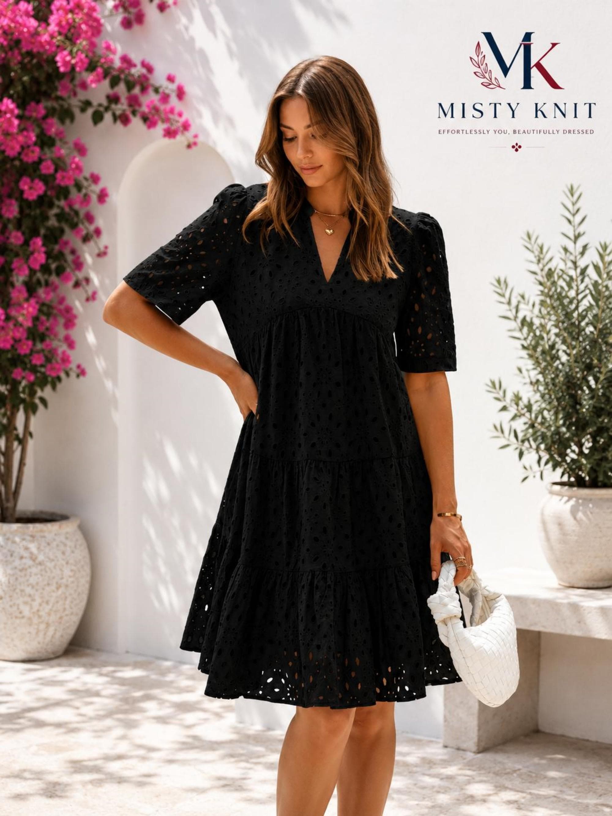 Eyelet Lace Tiered Mini Dress, Boho V-Neck Summer Sundress - image 5