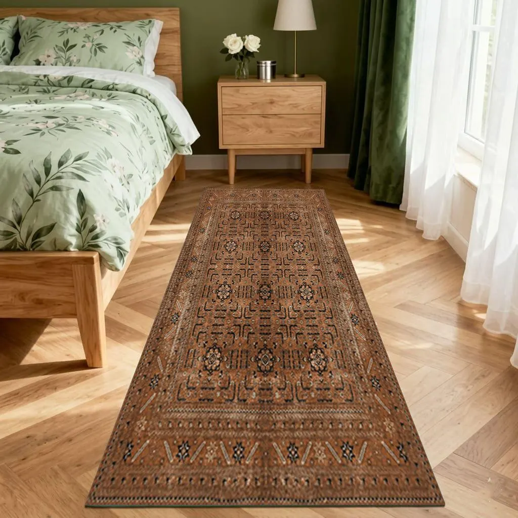 Terracotta Runner Rug, Vintage Distressed Hallway Carpet, Boho Kitchen Runner, Turkish Ethnic Long Mat, Rusty Orange Printed Entryway Rug - image 4