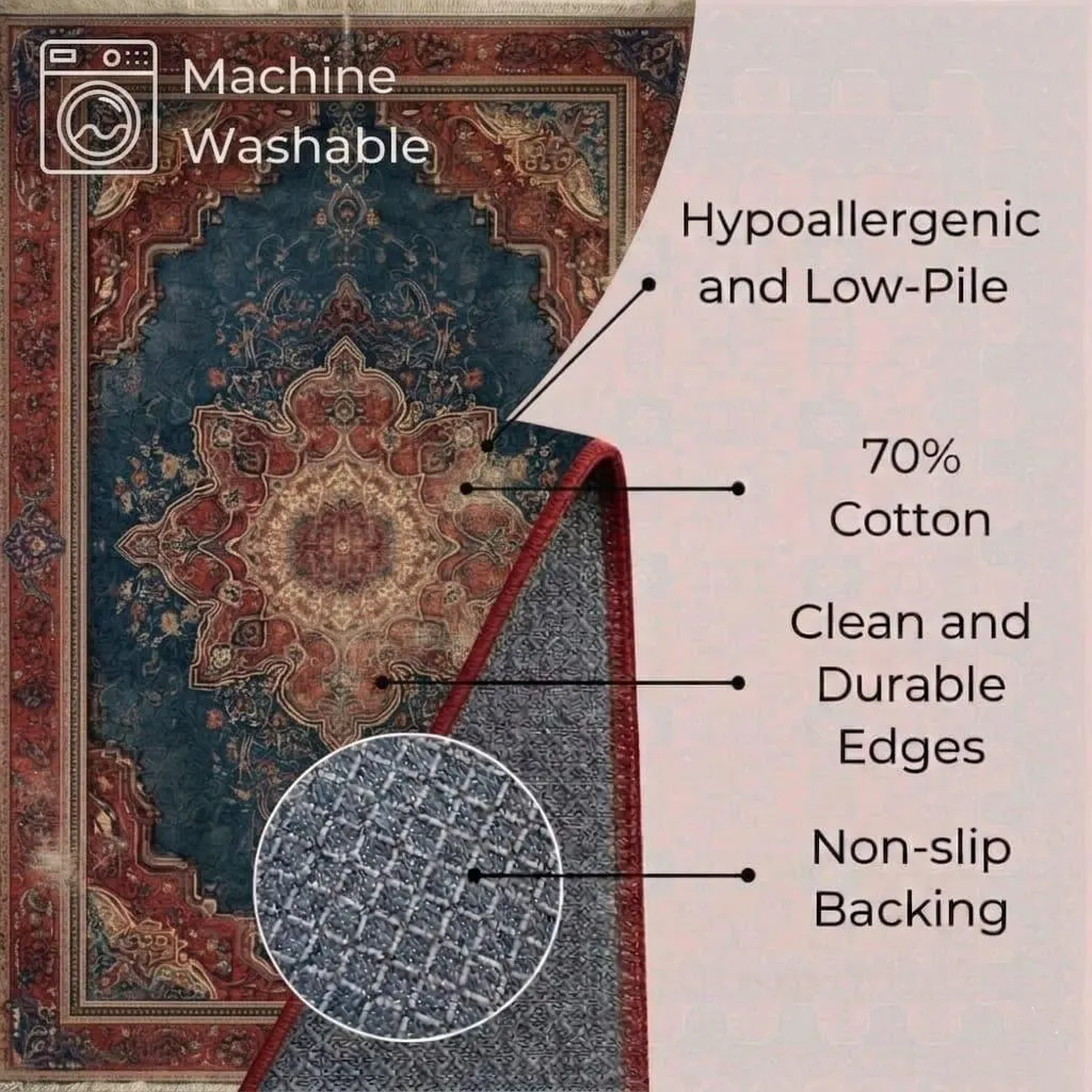 Vintage Distressed Area Rug, Persian Medallion Digital Print Carpet, Traditional Blue and Red Boho Living Room Rug - image 4