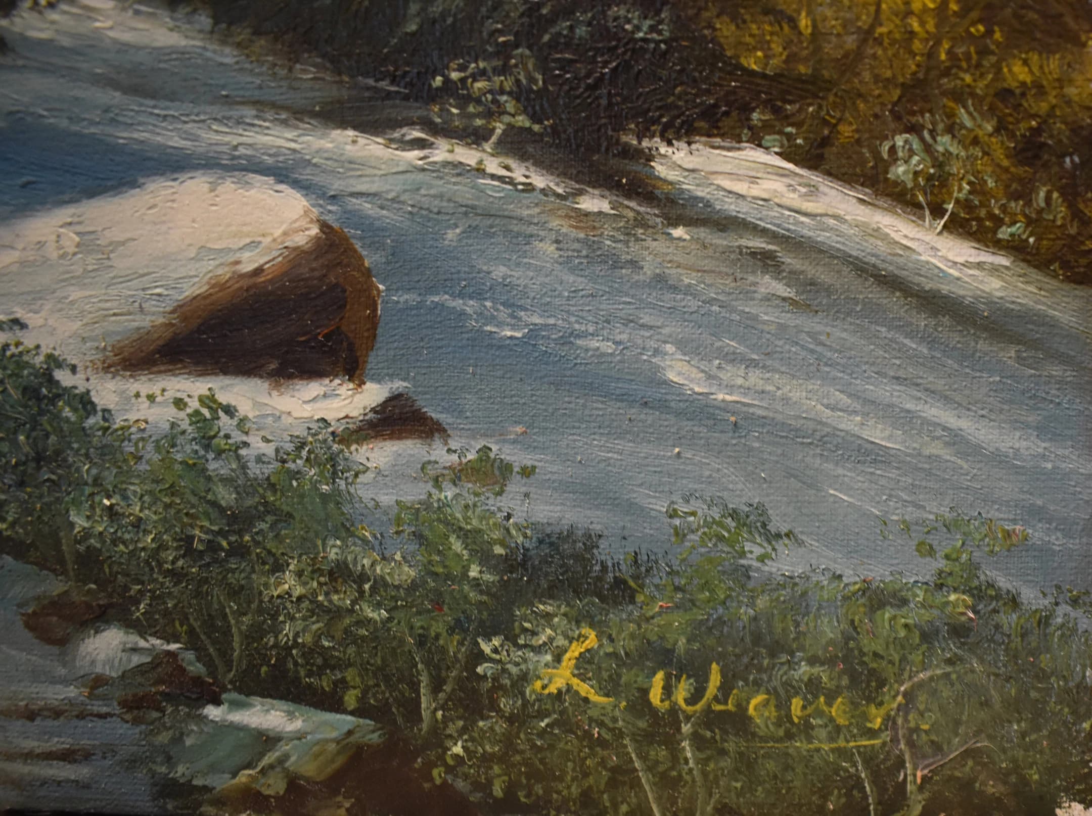 vintage winter alpine oil painting of trail fall snow artist signed - image 3