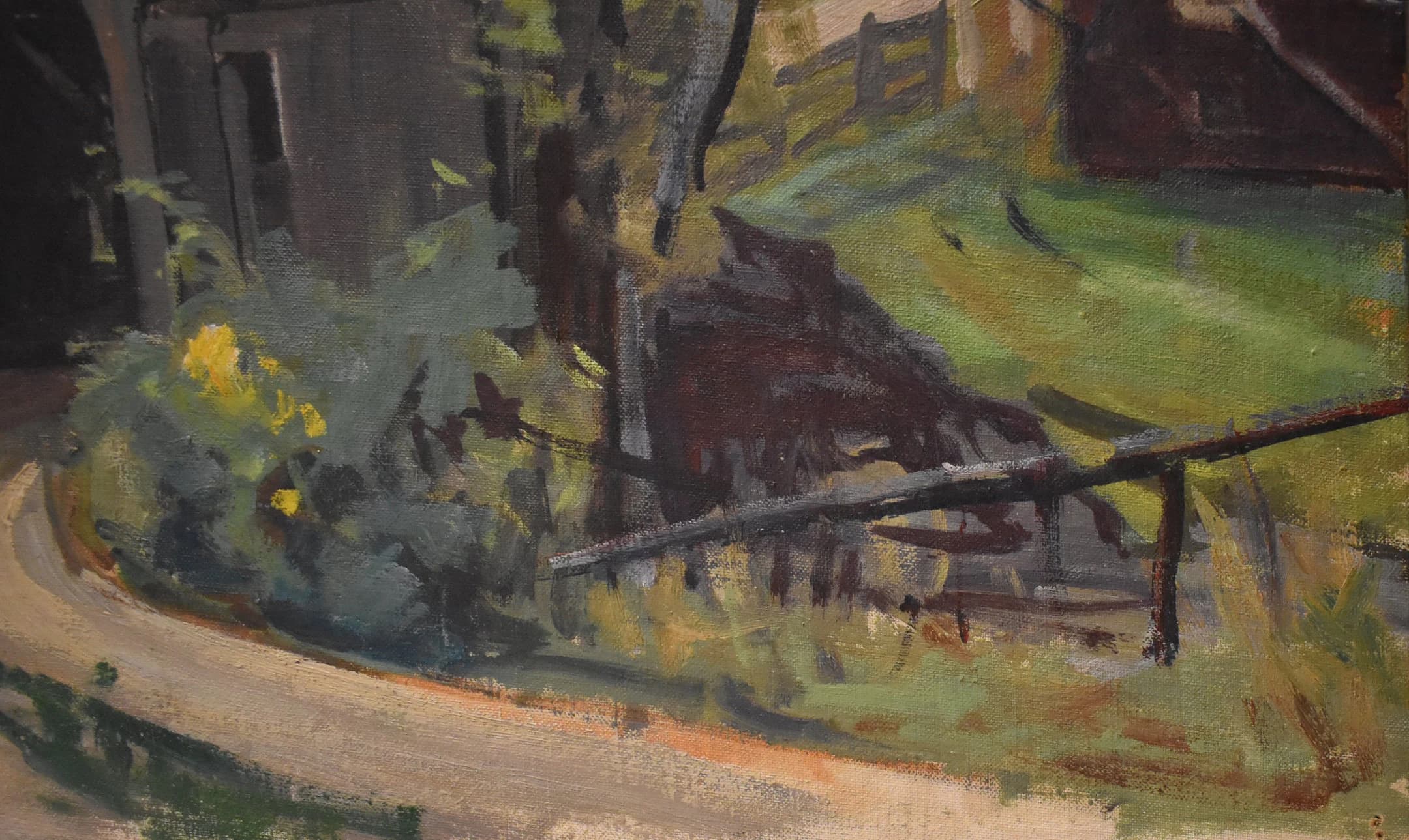 vintage covered bridge oil painting of house and trees - image 4