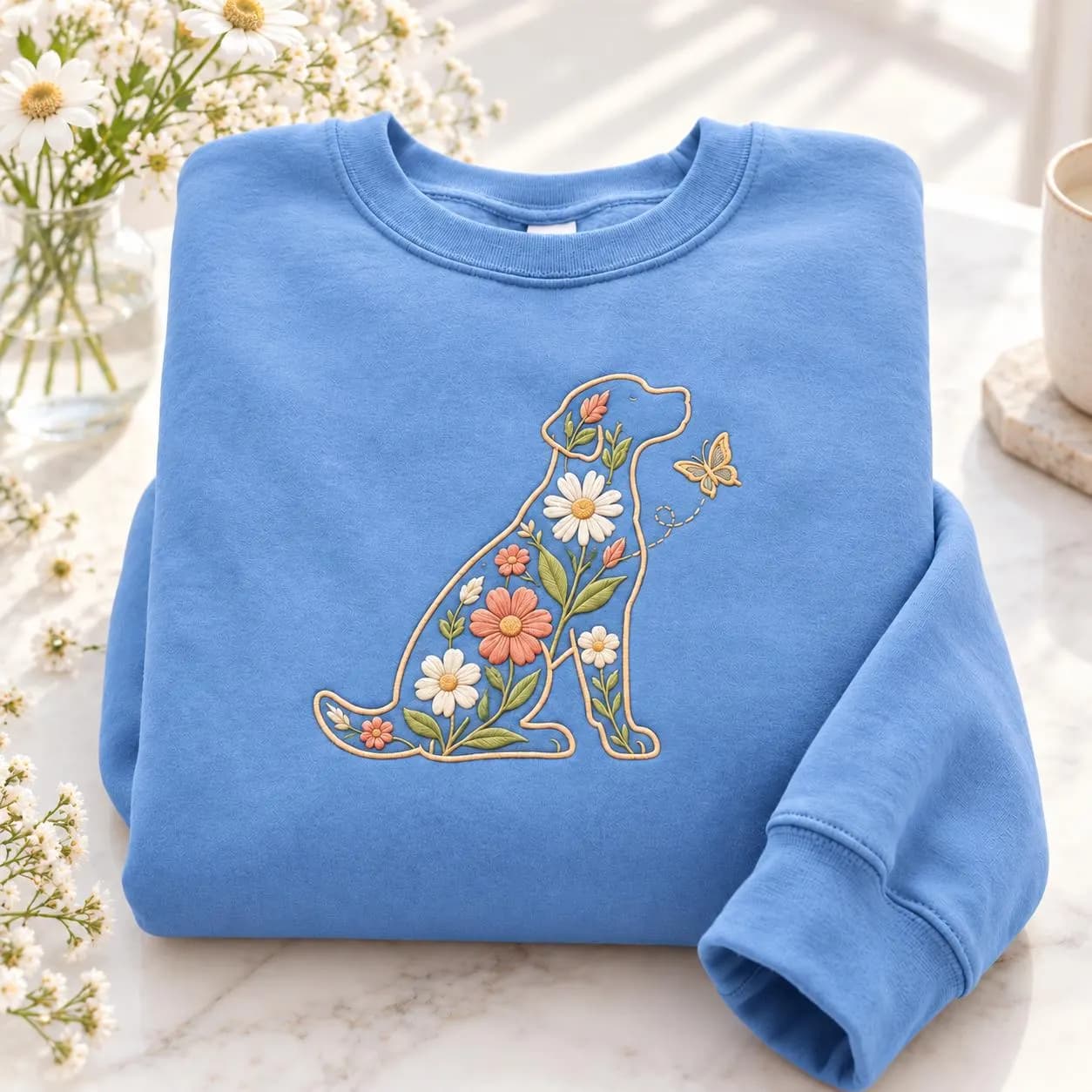 Embroidered Floral Dog Sweatshirt, Dog Crewneck, Dog Mom Gift, Dog Lover Gift, Cottagecore Dog Shirt, Pet Lover Sweatshirt - image 3