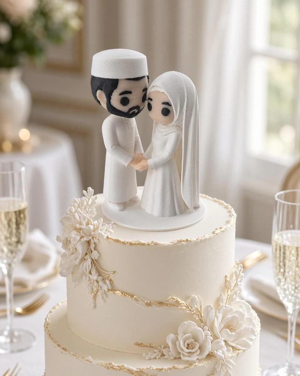 Figurine Couple Mariés Musulman Cake Topper - Figurine mariage islam- impression 3D - Mariée Hijab - Robe blanche - Dimensions 10-25 cm