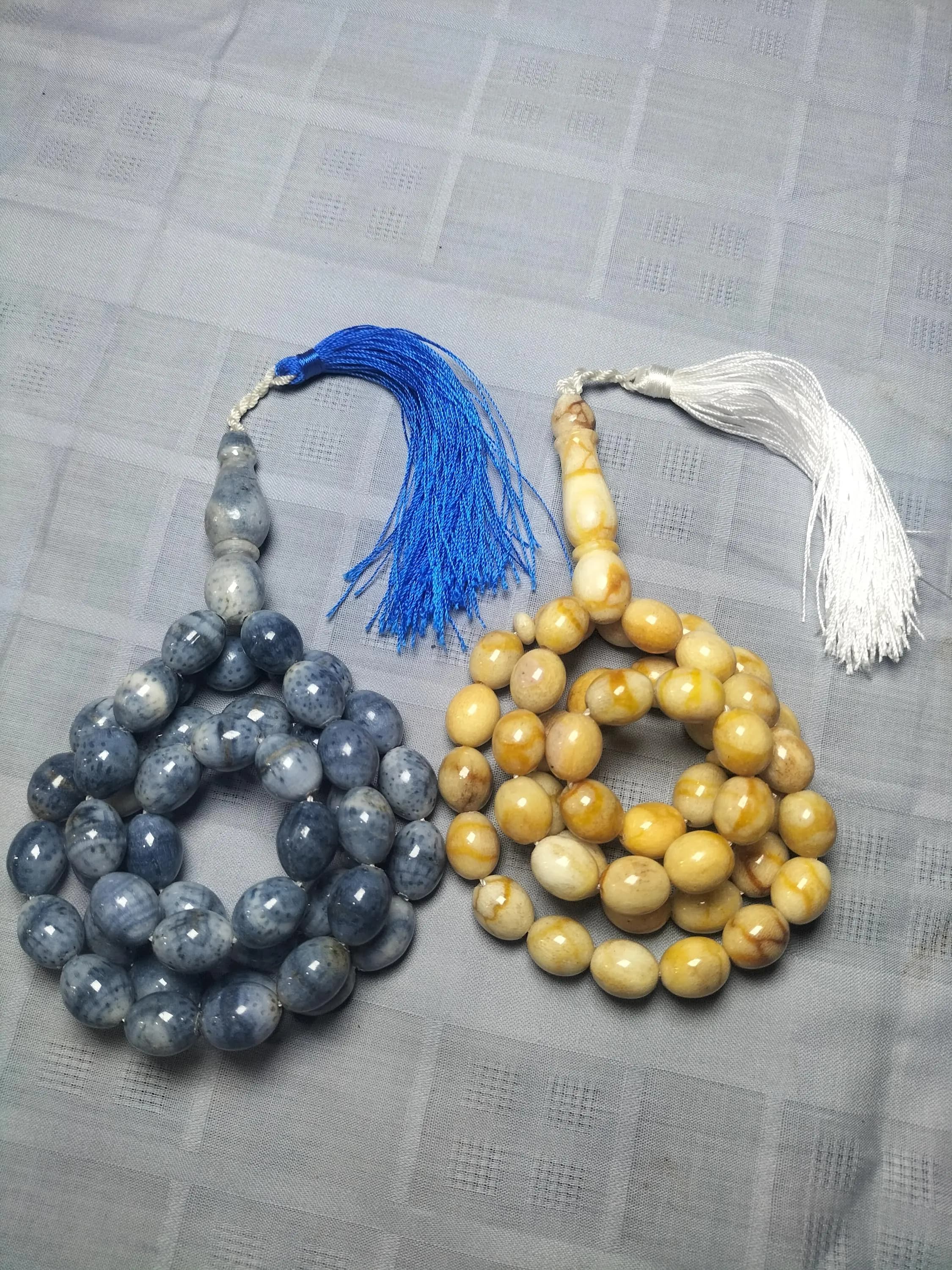 Egg-Shaped Coral Tasbih Prayer Beads, Yellow & Blue-Gray Islamic Misbaha (10-13mm) - image 4