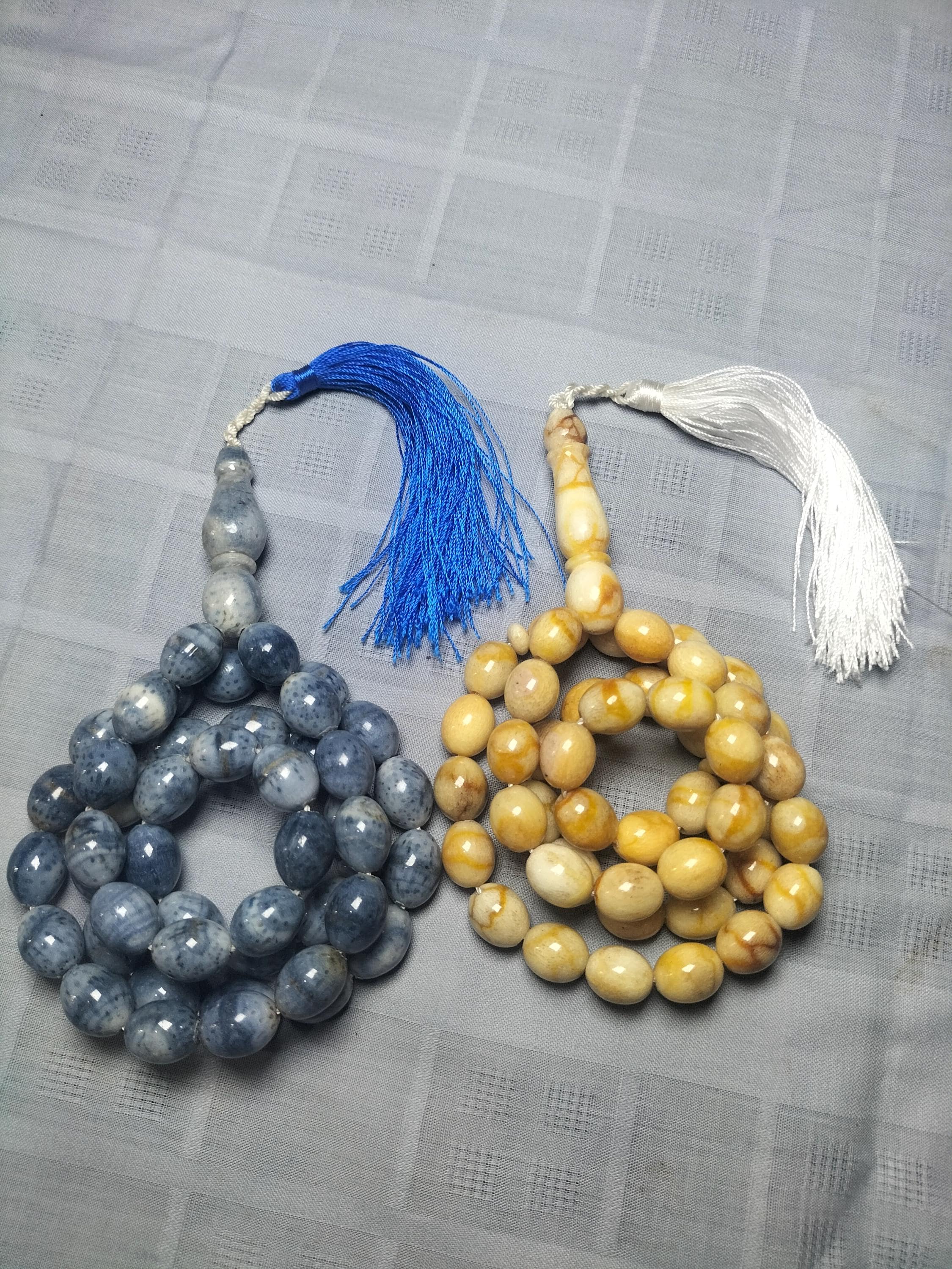 Egg-Shaped Coral Tasbih Prayer Beads, Yellow & Blue-Gray Islamic Misbaha (10-13mm) - image 3