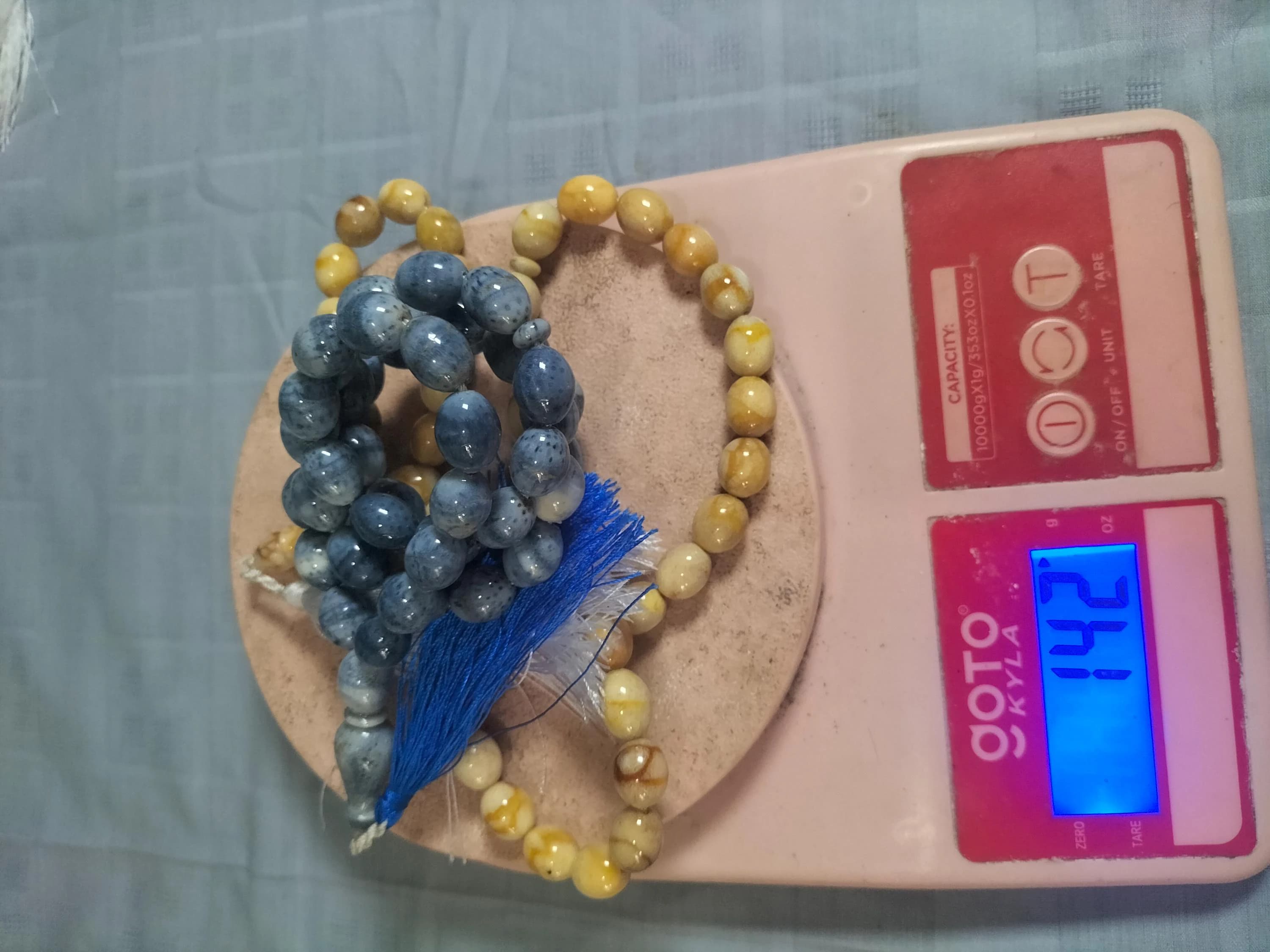 Egg-Shaped Coral Tasbih Prayer Beads, Yellow & Blue-Gray Islamic Misbaha (10-13mm) - image 5