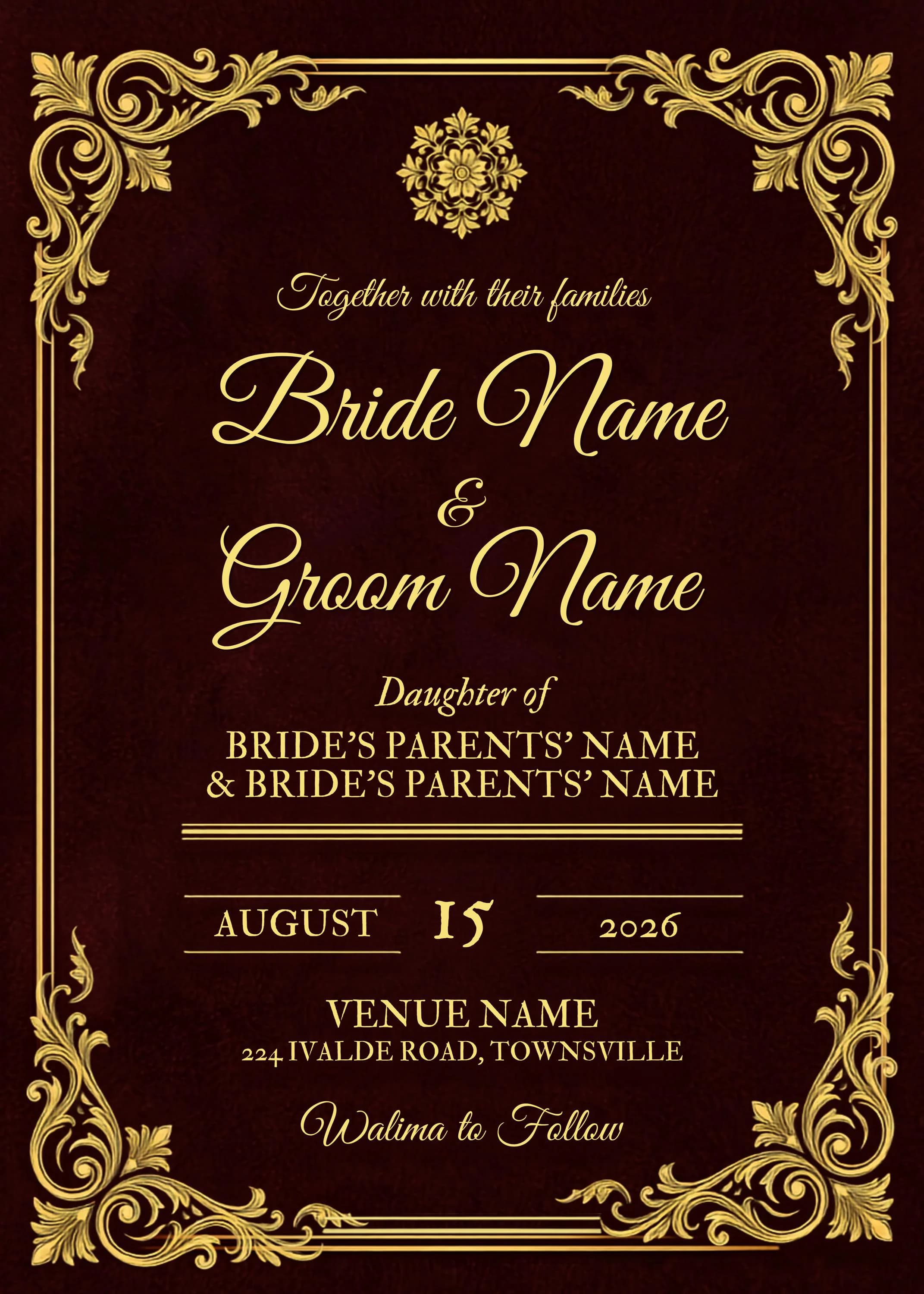 Royal Red Velvet Nikah Invitation Suite | Baroque Gold Canva Template (Digital Download) - image 3