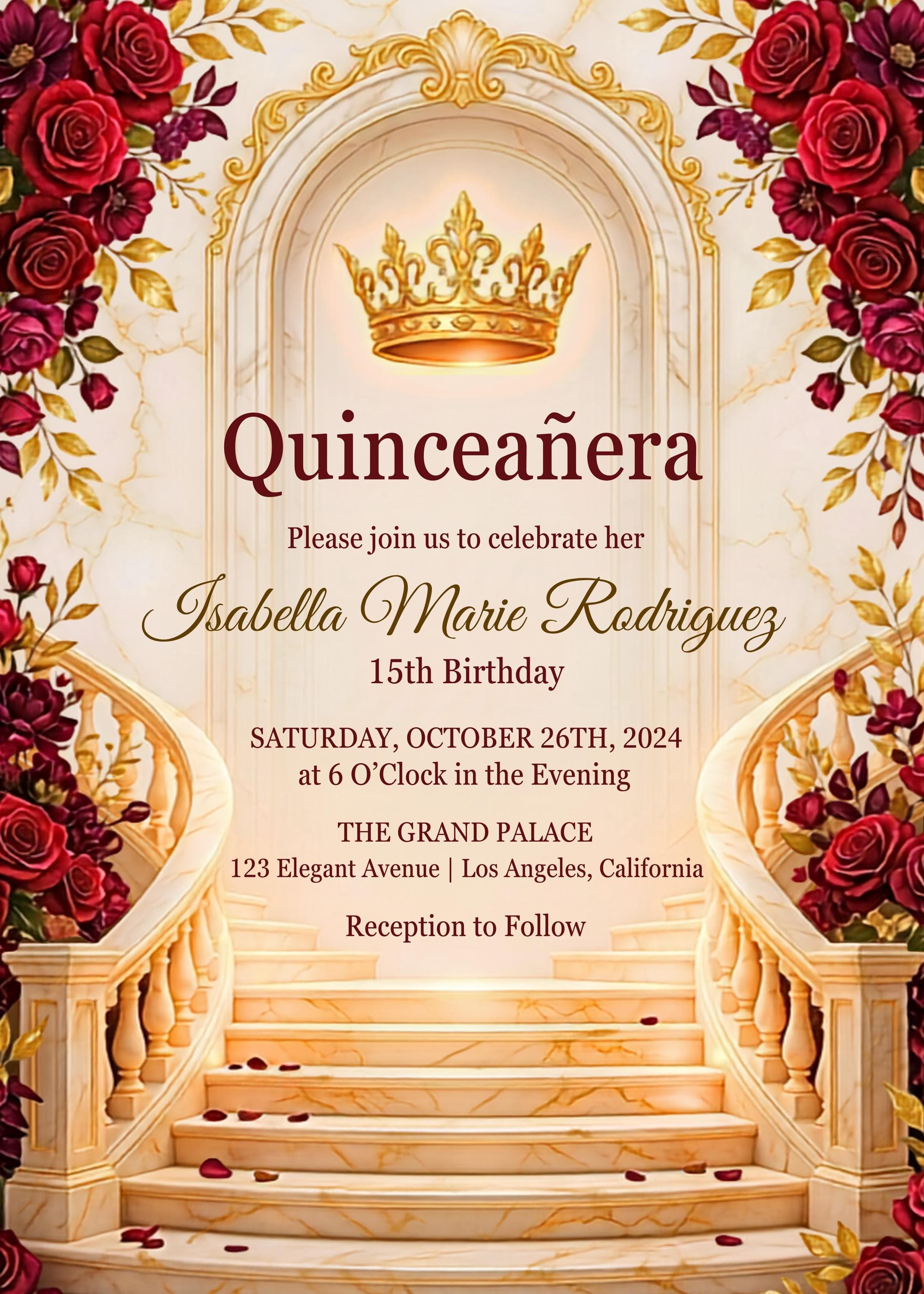Luxury Red Gold Quinceañera Invitation Suite | Elegant Roses, Marble (Digital Download) - image 3