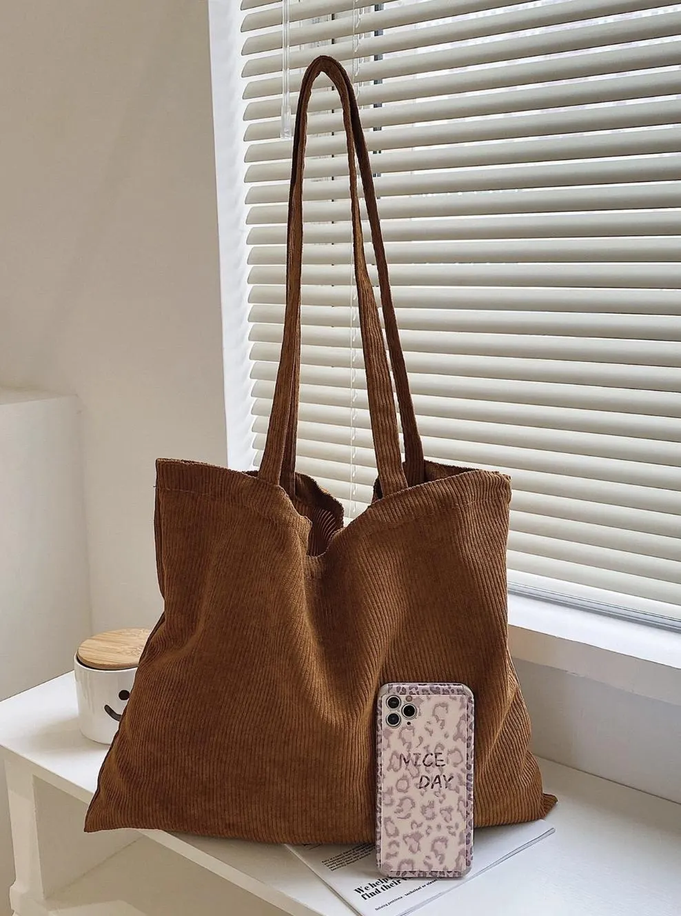 Brown Corduroy Tote Bag with Zipper | Spacious Commuter Shoulder Bag - image 4
