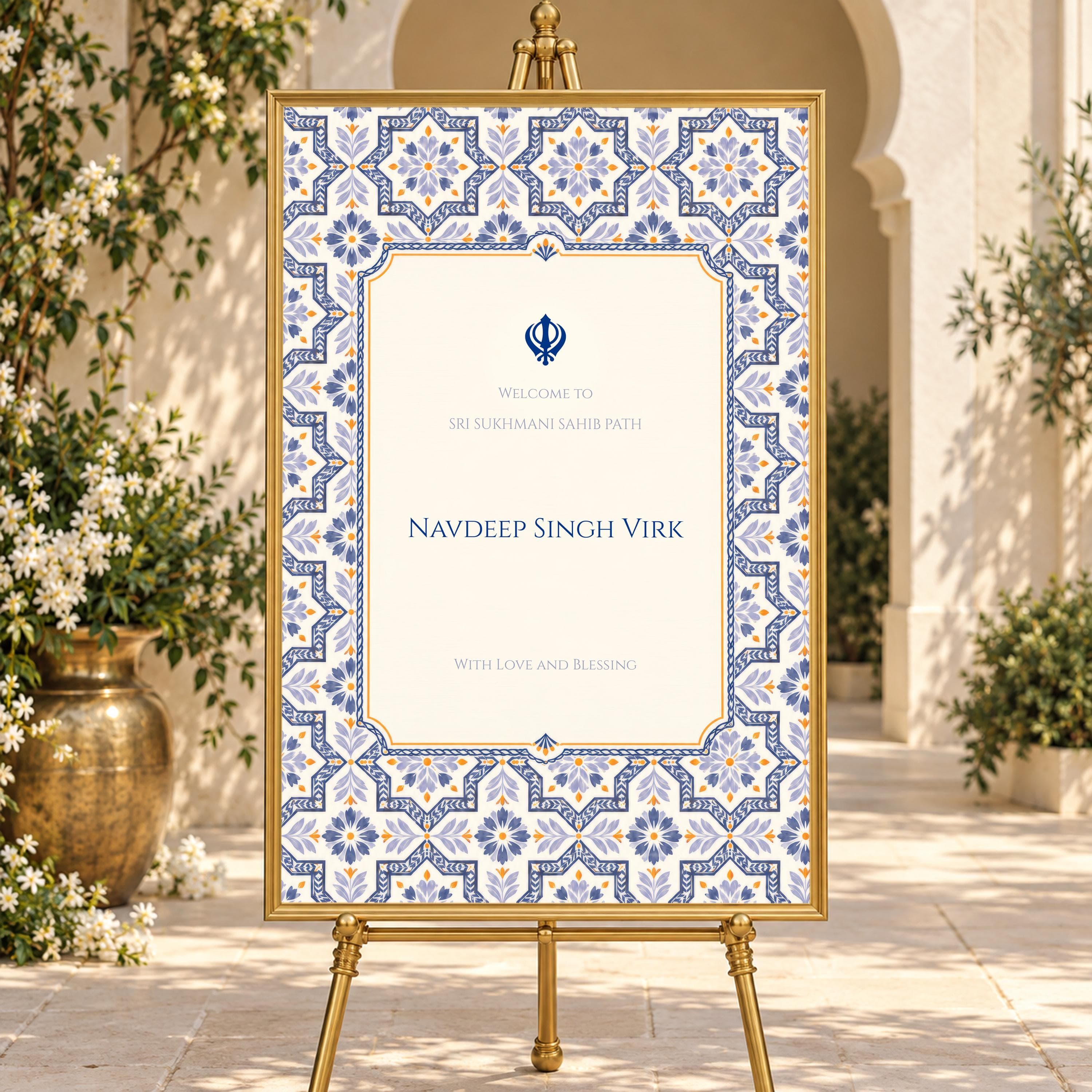 Navy Blue Sukhmani Sahib Path Welcome Sign, Sikh Ceremony Entrance Board, Mughal Tile, Anand Karaj Decor, Editable Canva Template, SIMRAN - image 3