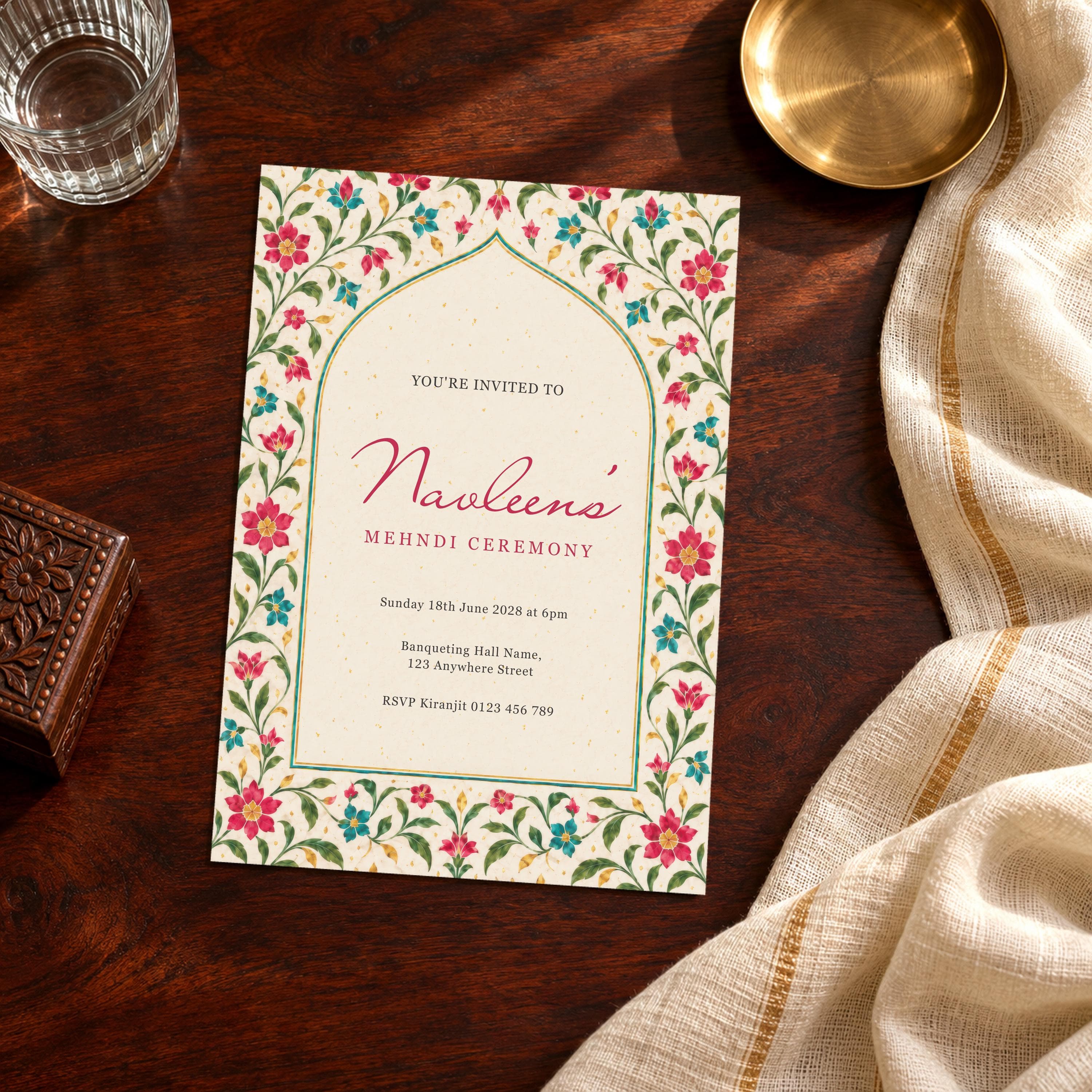Rose Pink Mehndi Invitation, South Asian Wedding Invite Card, Mughal Arch, Sangeet Decor, Editable Canva Template, PARINA - image 5