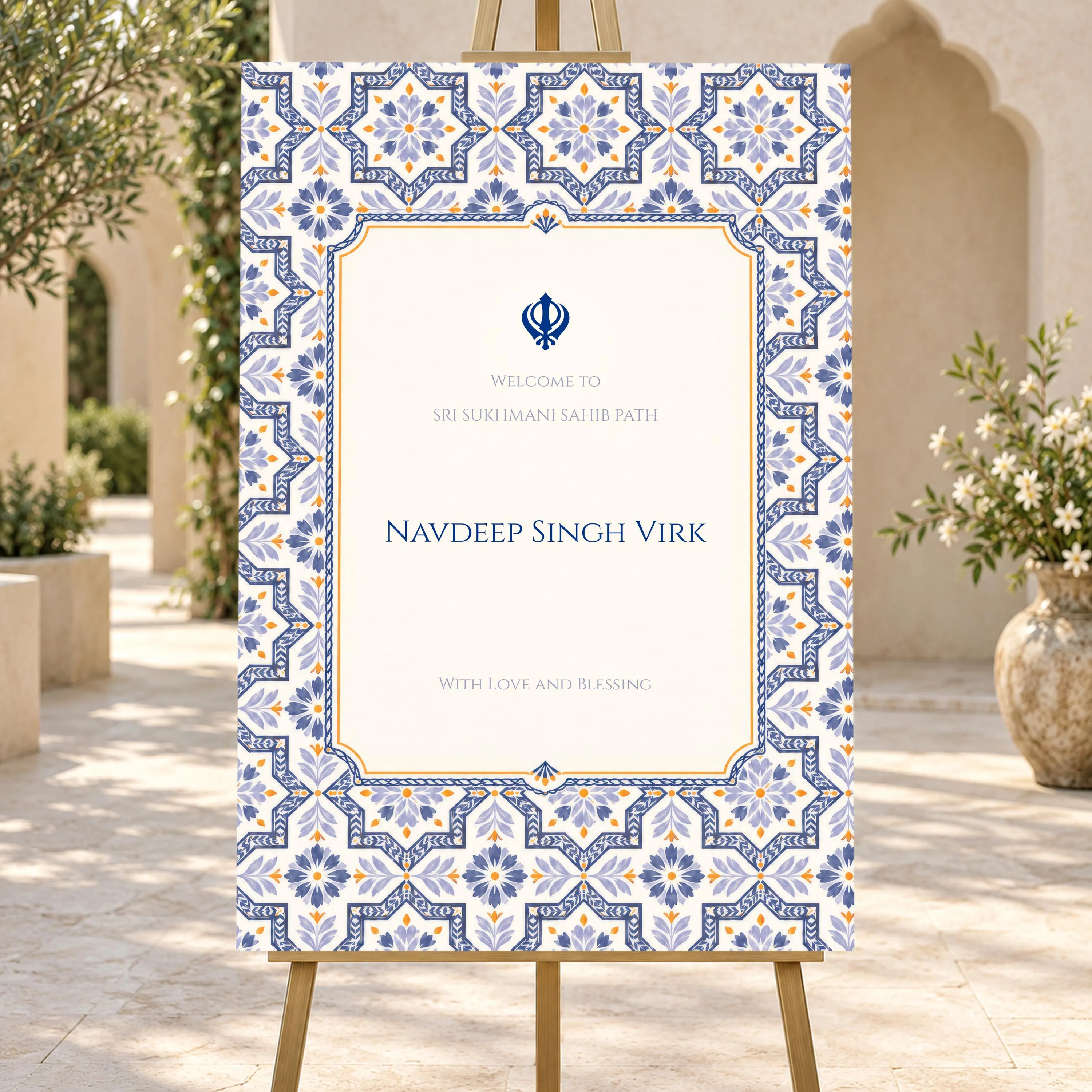 Navy Blue Sukhmani Sahib Path Welcome Sign, Sikh Ceremony Entrance Board, Mughal Tile, Anand Karaj Decor, Editable Canva Template, SIMRAN - image 5