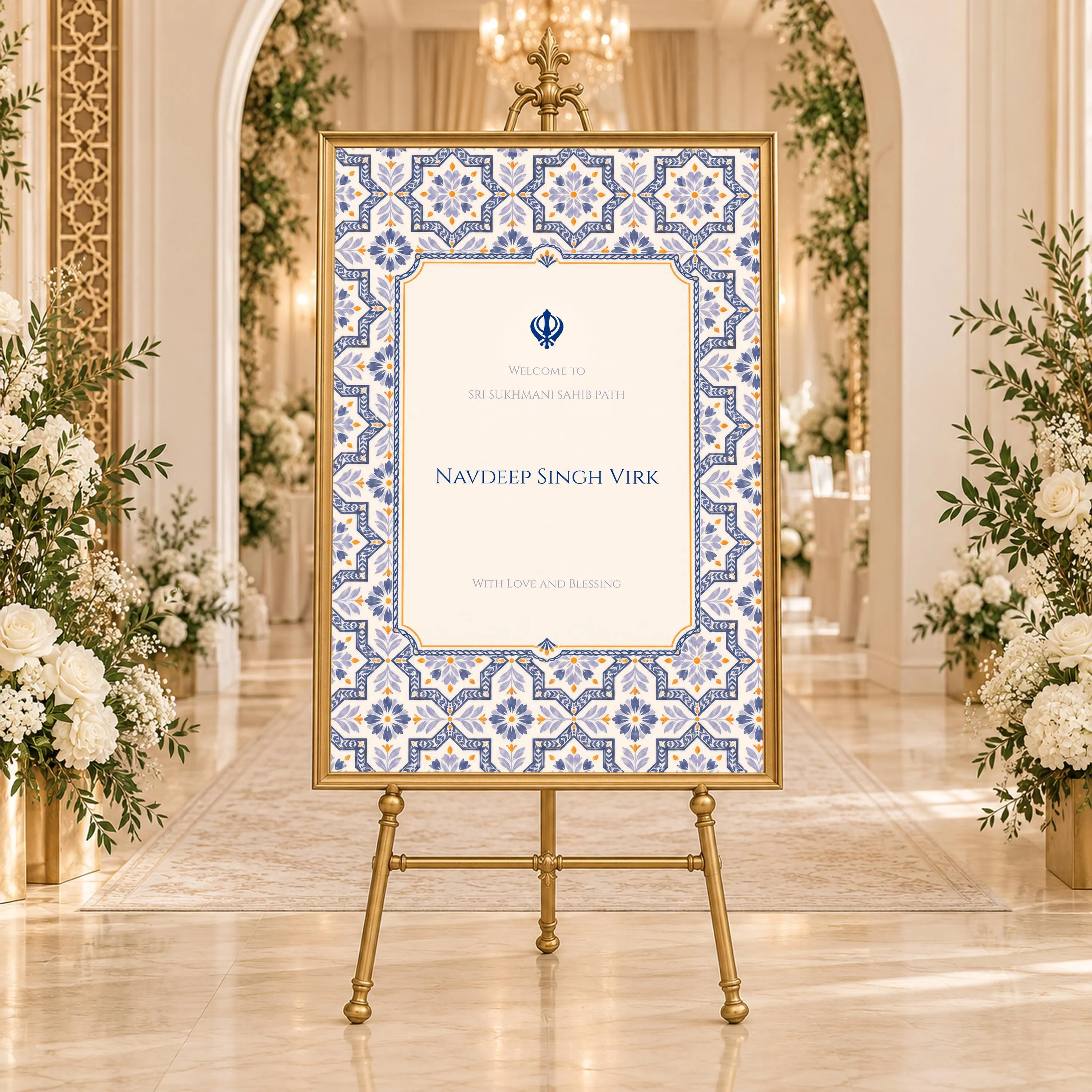 Navy Blue Sukhmani Sahib Path Welcome Sign, Sikh Ceremony Entrance Board, Mughal Tile, Anand Karaj Decor, Editable Canva Template, SIMRAN - image 4